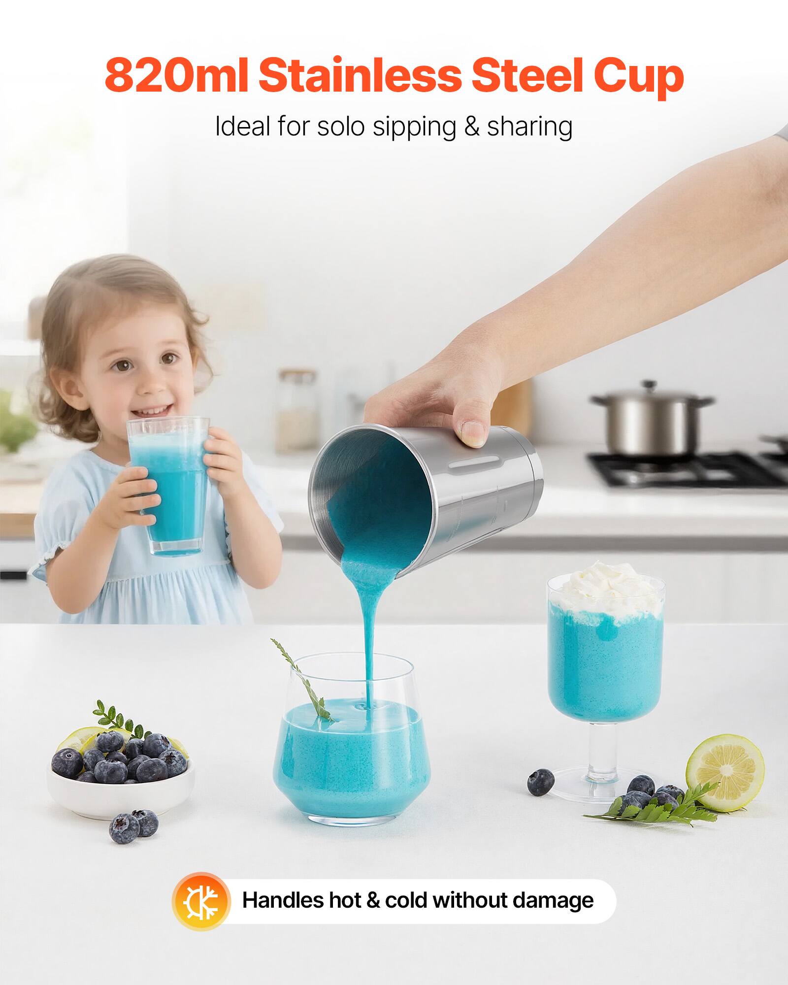 820ml Stainless Steel Cup  
Ideal for solo sipping & sharing  

Handles hot & cold without damage