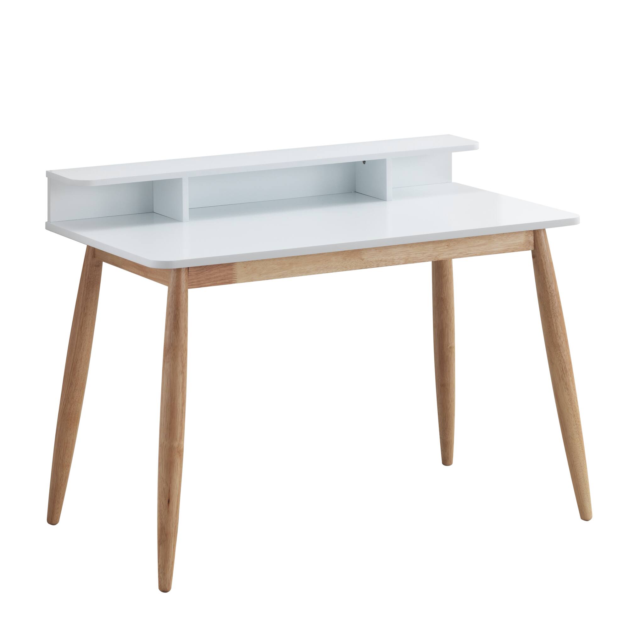 Left. GOODSILO - Mid-Century Modern Wooden Writing Desk with Storage Hutch in Two-Tone Finish for Home Office - White.