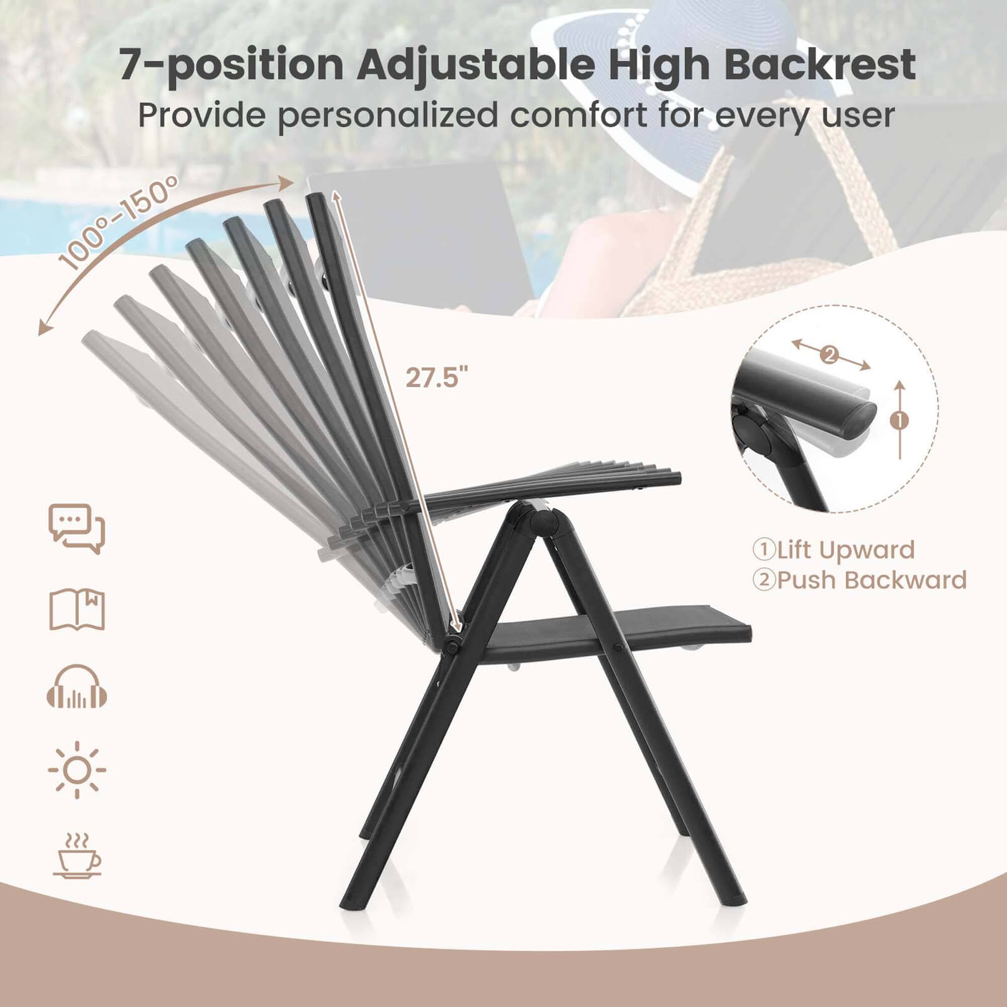 7-position Adjustable High Backrest: Provide personalized comfort for every user. 100-150 27.5" 2.5" W 1 Lift Upward 2 Push Backward.
