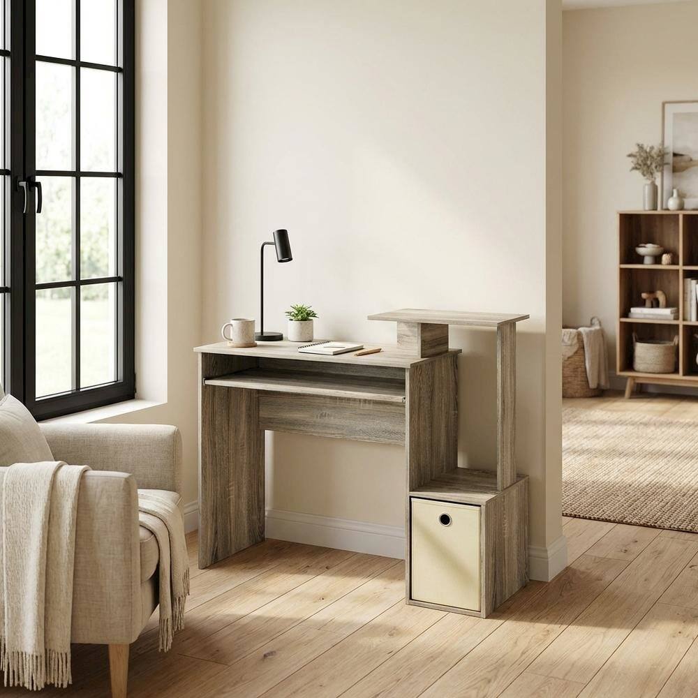 Left. BisonOffice - Sonoma Oak and Ivory Office Desk with Storage Bin, Compact Computer Workstation - Sonoma Oak/Ivory.