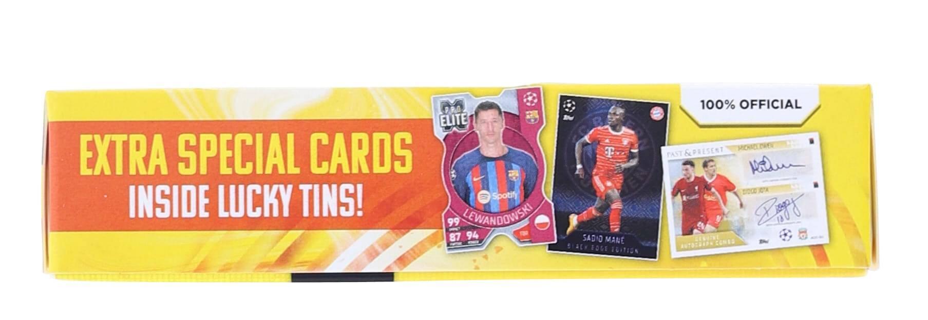 P.R.G ELITE EXTRA SPECIAL CARDS INSIDE LUCKY TINS! LEWANDOWSKI 99 87 94 T SADIO MANE 5 AE 100% OFFICIAL SEED PAST & PRESENT