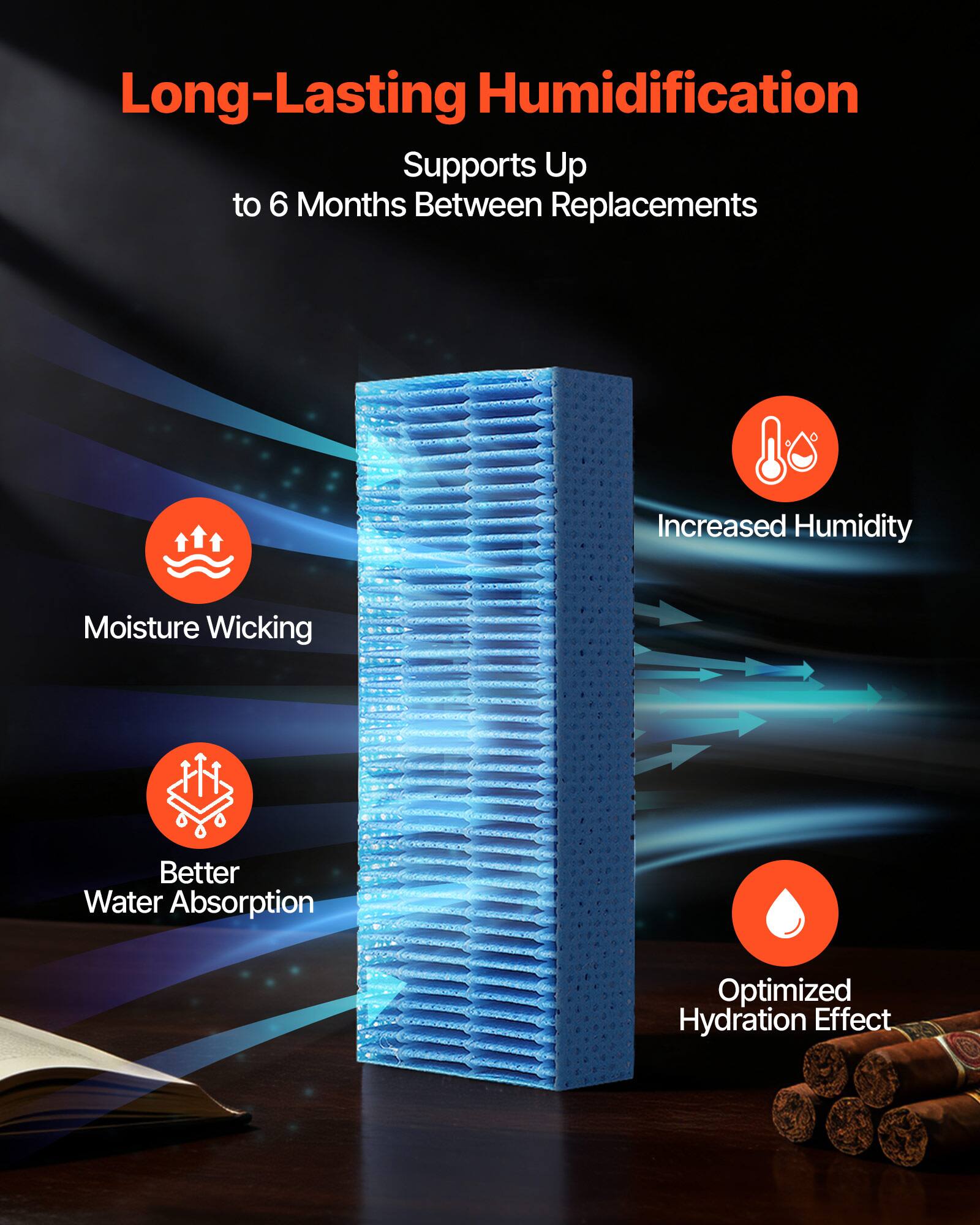 Long-Lasting Humidification  
Supports Up to 6 Months Between Replacements  

Increased Humidity  
Moisture Wicking  
Better Water Absorption  
Optimized Hydration Effect