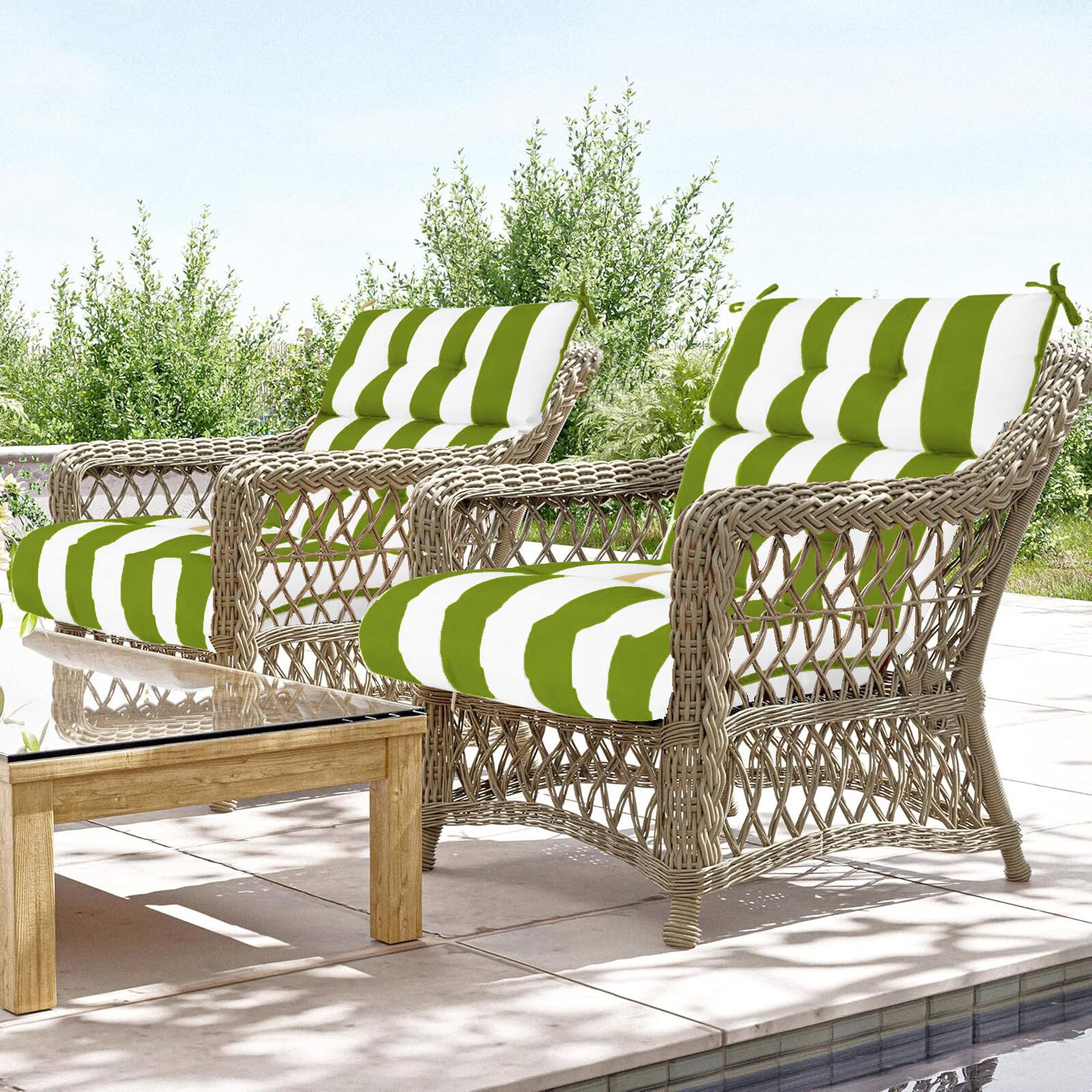 Alt View 5. Chateau Abodes - 2-Pack Outdoor High Back Chair Cushions, 44"x22"x4" Fade-Resistant Waterproof Tufted Pads with Ties - Green White.