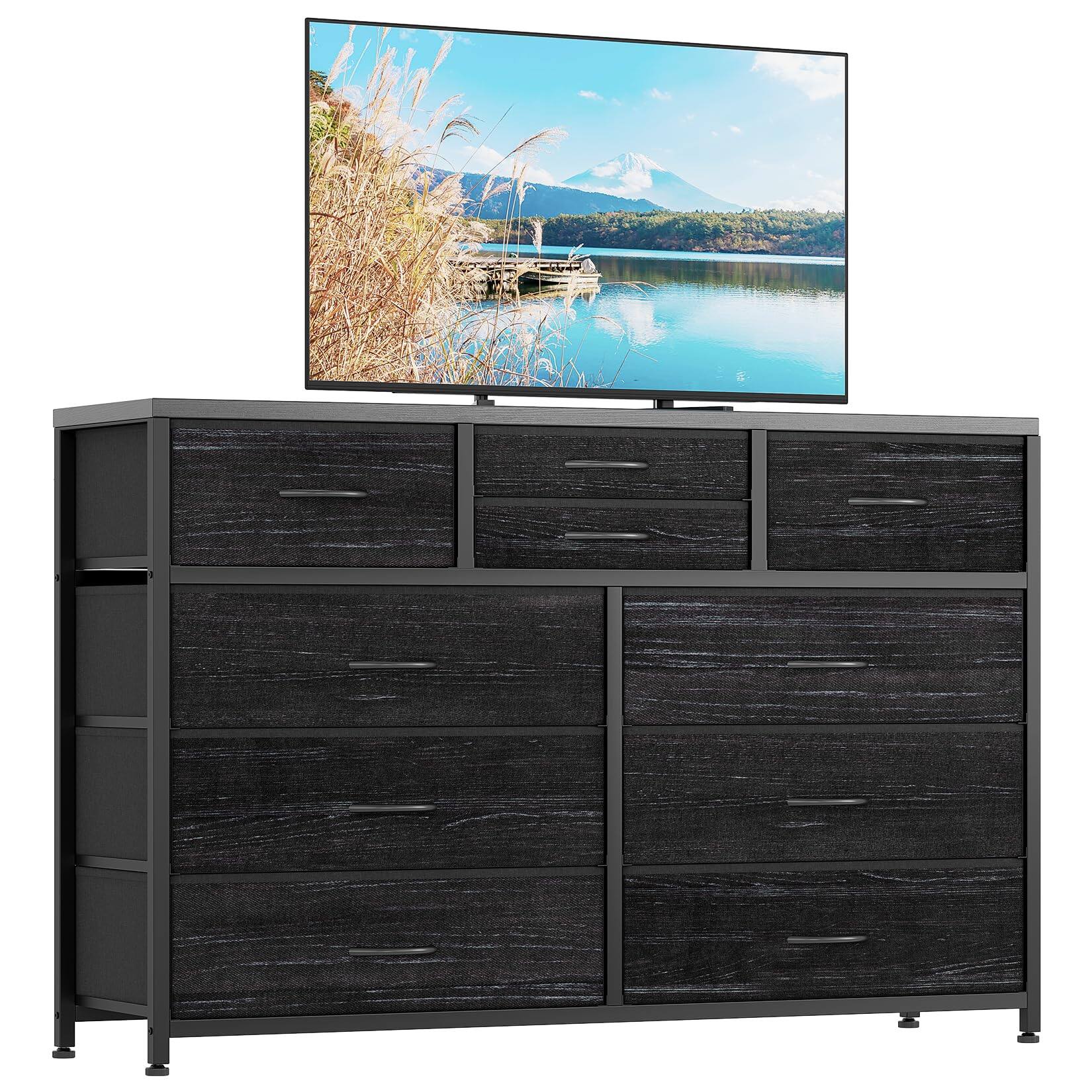 Acekool - Dresser for Bedroom TV Stand for 55” TV, Entertainment Center with 10 Drawers, Storage Organizer Unit for Living Room - Black Willow