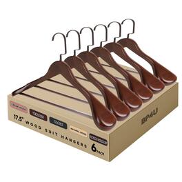 BP4U - 6-Pack Premium Wide Shoulder Wooden Suit Hangers, 17.5" Men's Solid Wood Clother Hangers with Pant Bar - Walnut