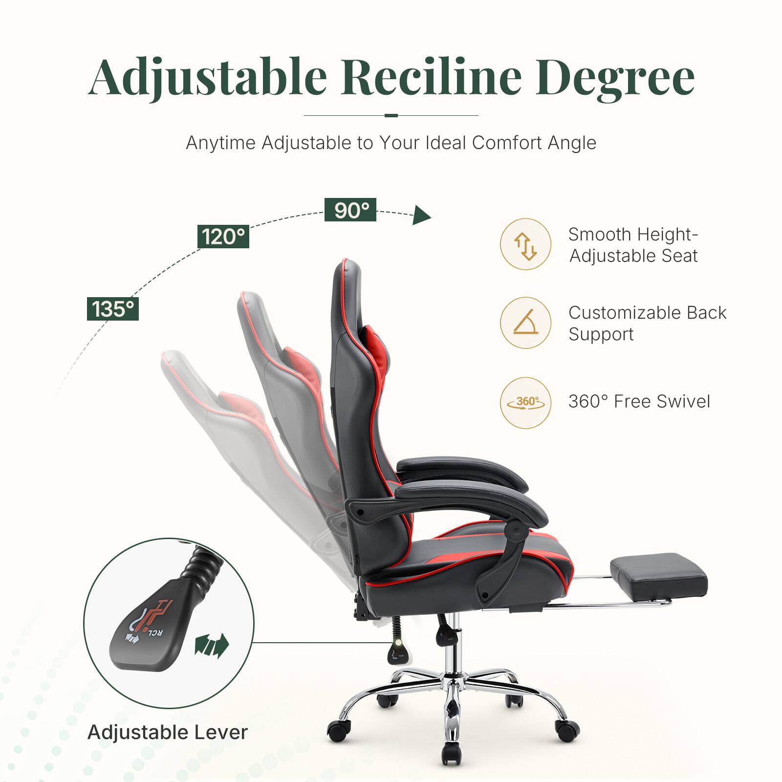 Sweetcrispy Faux Leather Ergonomic Gaming Chair, Adjustable Height ...