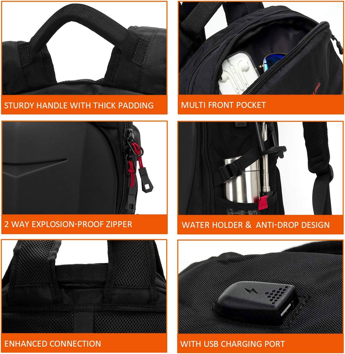 1. STURDY HANDLE WITH THICK PADDING
2. MULTI FRONT POCKET
3. 2 WAY EXPLOSION-PROOF ZIPPER
4. WATER HOLDER & ANTI-DROP DESIGN
5. ENHANCED CONNECTION
6. WITH USB CHARGING PORT