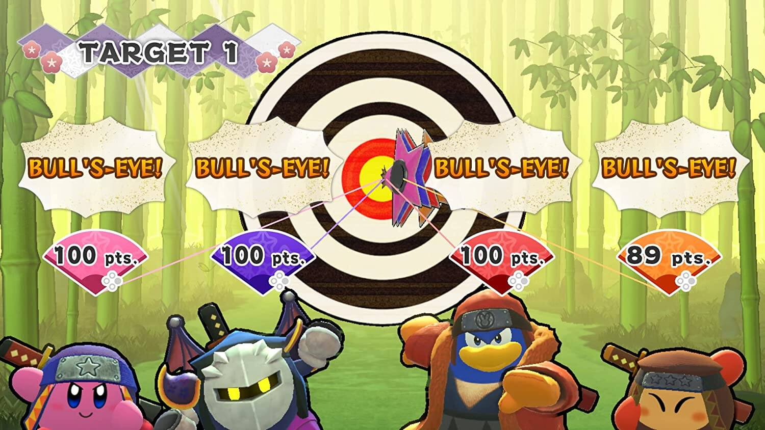 TARGET 1  
BULL'S-EYE!  
BULL'S-EYE!  
BULL'S-EYE!  
BULL'S-EYE!  

100 pts.  
100 pts.  
100 pts.  
89 pts.