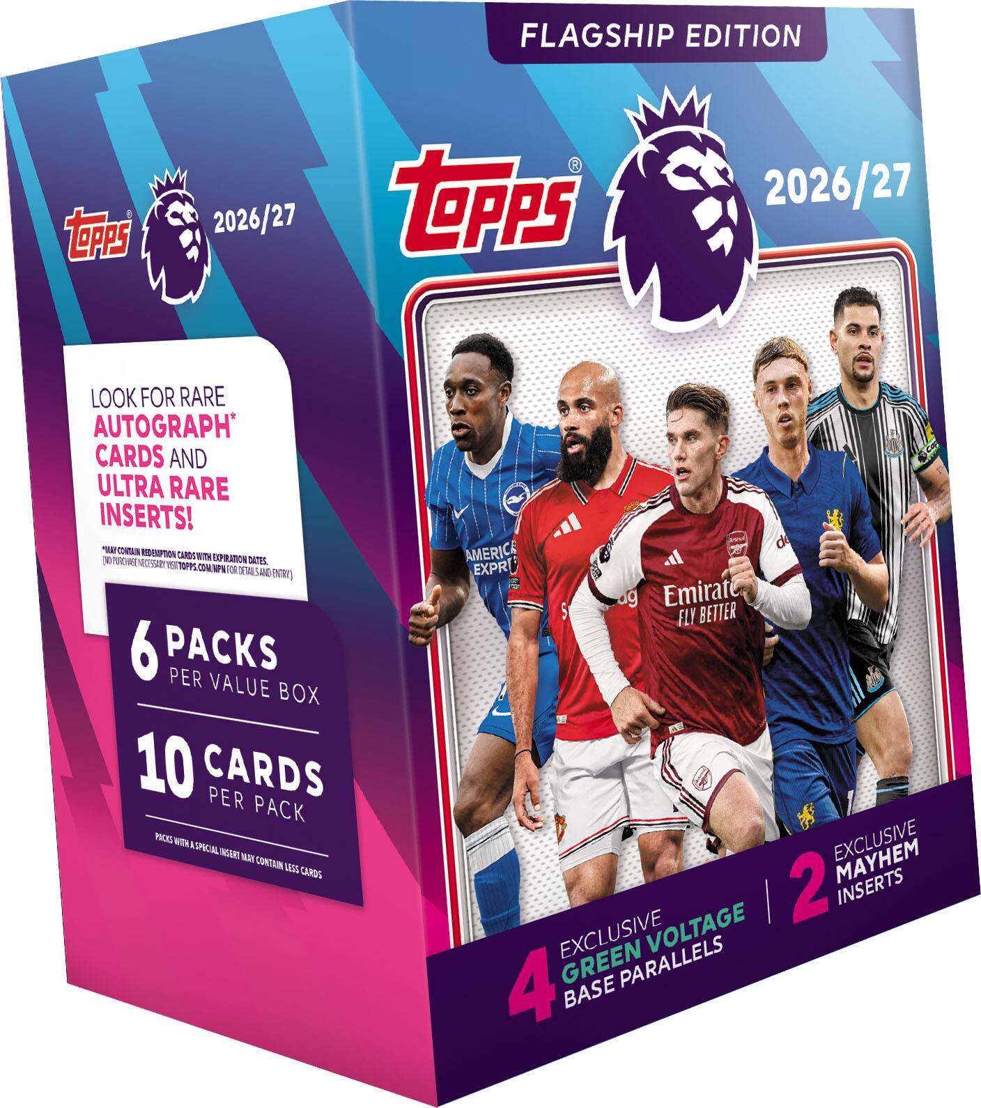 FLAGSHIP EDITION  
2026/27  

LOOK FOR RARE AUTOGRAPH CARDS AND ULTRA RARE INSERTS!  
(10 PURCHASE NECESSARY USA TOPPS.COM NPW DETAILS AND ENTRY)  

6 PACKS PER VALUE BOX  
10 CARDS PER PACK  
PACKS WITH A SPECIAL INSERT MAY CONTAIN LESS CARDS  

EXCLUSIVE GREEN VOLTAGE 2.0 BASE PARALLELS  
EXCLUSIVE MAYHEM INSERTS