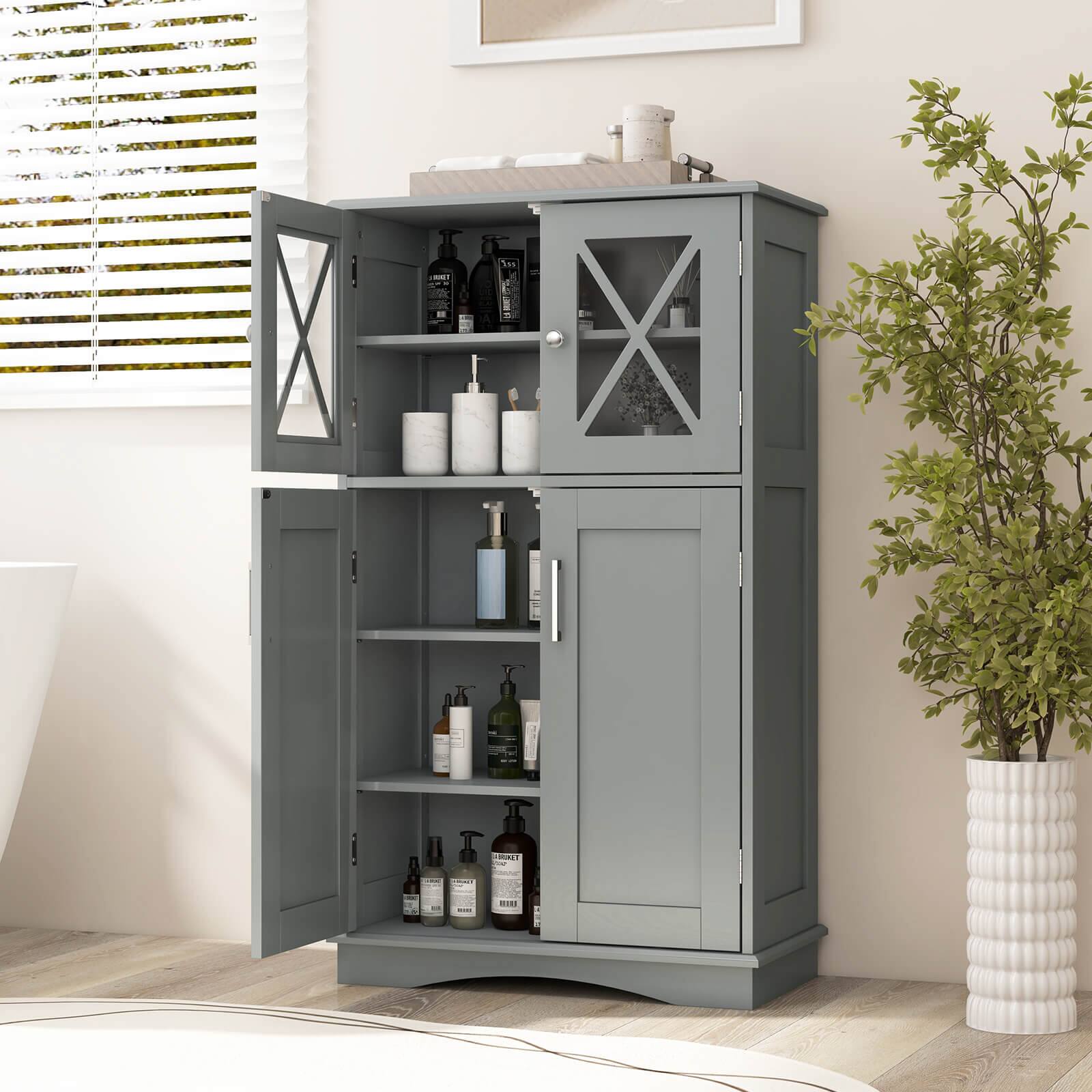 Alt View 3. Costway - Costway Bathroom Storage Cabinet Linen Storage Cabinet with Doors and Adjustable Shelves Grey - Gray.