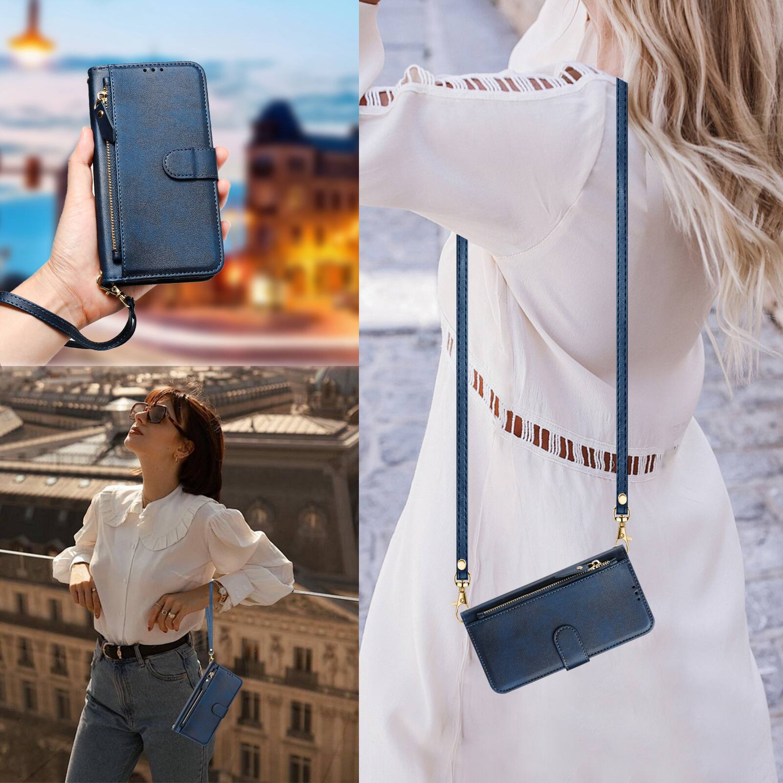 Left. UUCOVER - Zipper Wallet Case for Motorola G Power 5G 2025 Magnetic PU Leather Card Slots Stand Cover with Shoulder / Wrist Strap - Blue.