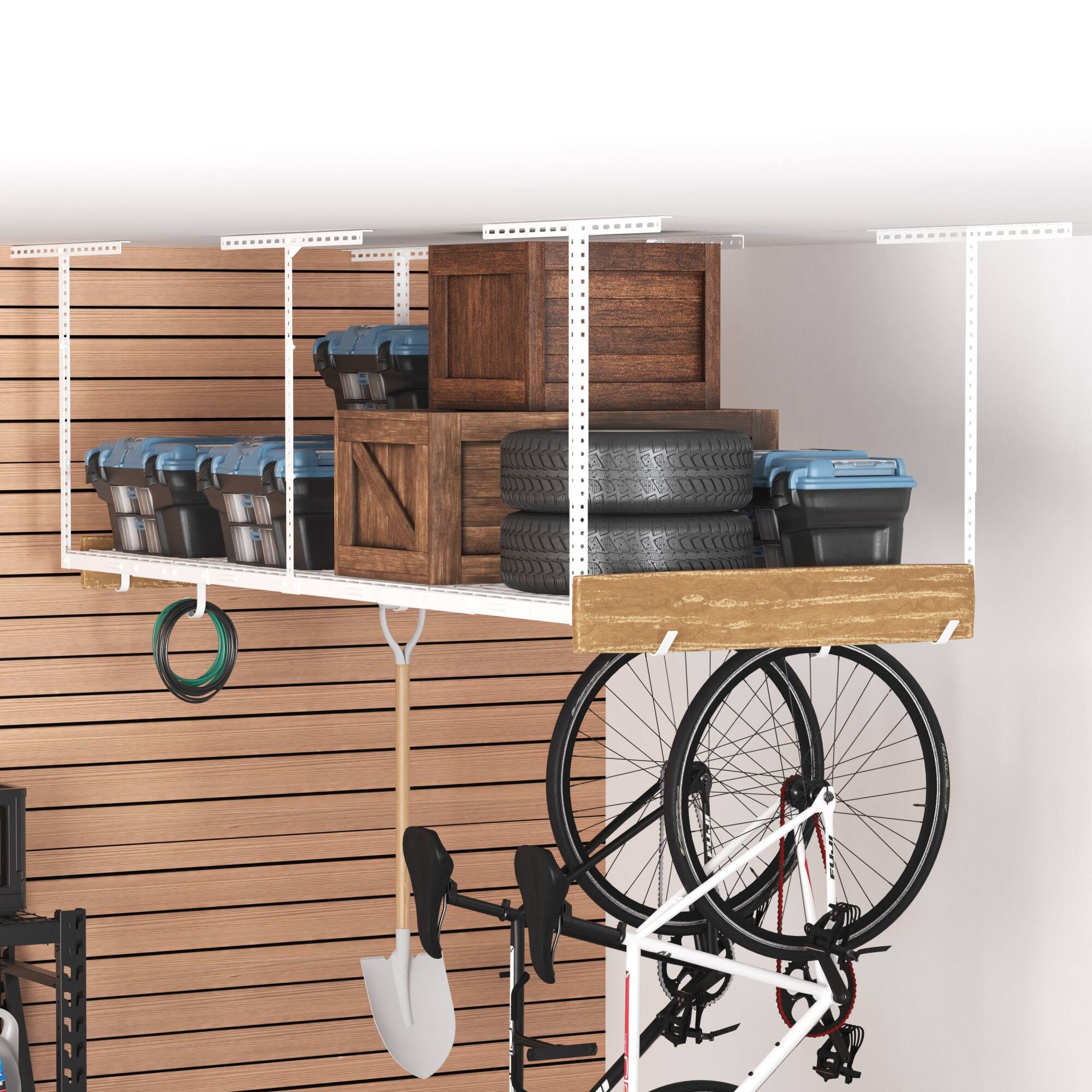 Alt View 7. Fleximounts - OHK Series 36 in. W x 96 in. D x 22-40 in. H Ceiling Mounted Overhead Garage Storage Rack with Accessory Hooks - White.