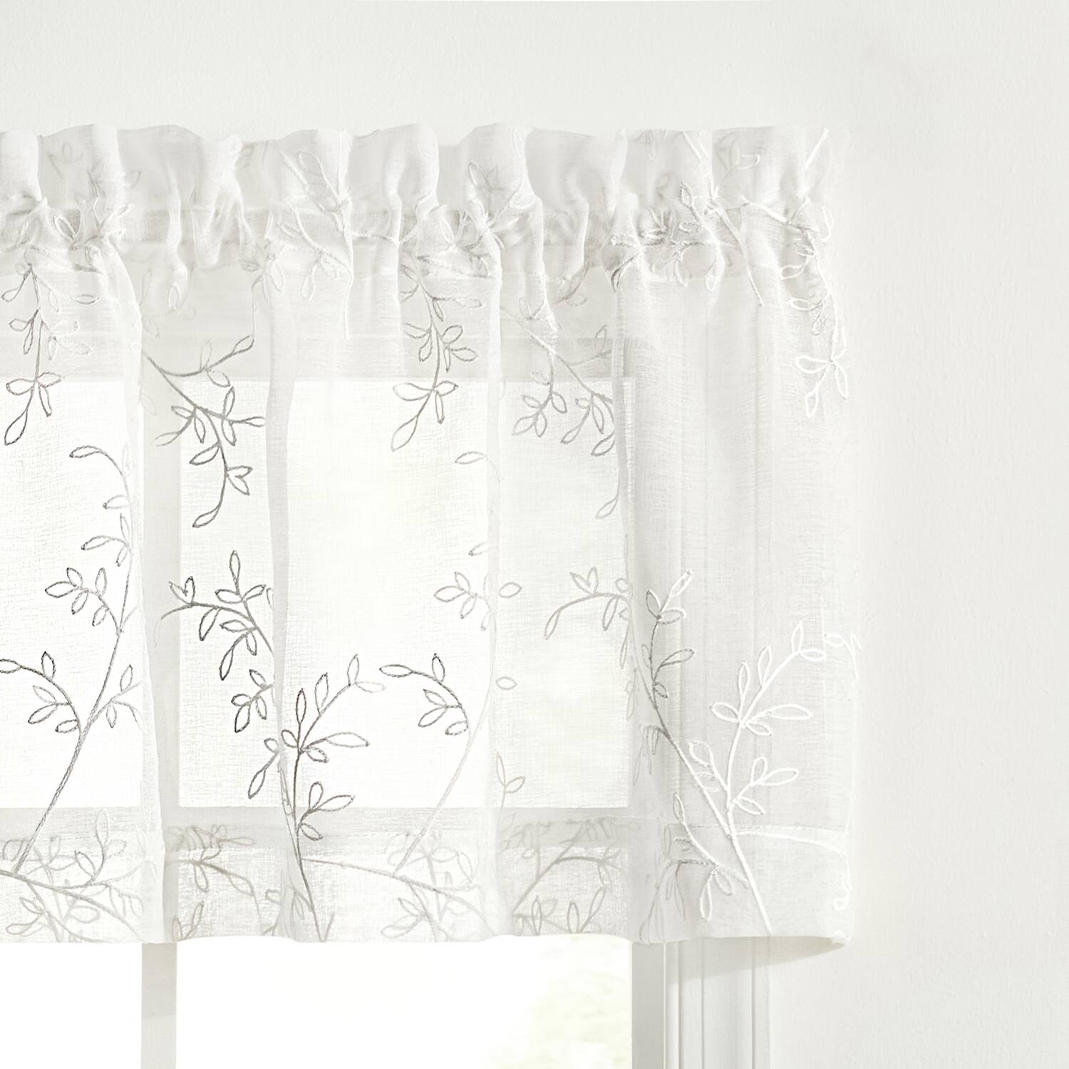 Left. Ellis Curtain - Ellis Curtain Brewster Tailored Embroidered Sheer Rod Pocket Window Valance 70"x15" White - White.
