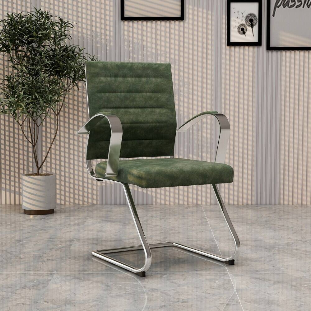 Angle. LeisureMod - Set of 2 Benmar Ribbed Leather Upholstered Office Chair with Chrome Arms and Sled Base Desk Seating for Home or Office - Green.