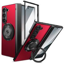 Dteck - Full Hinge Phone Case for Samsung Galaxy Z Fold6 w/ Tempered Glass Screen Protector,Rugged 360° Ring Stand Hard PC Cover - Red