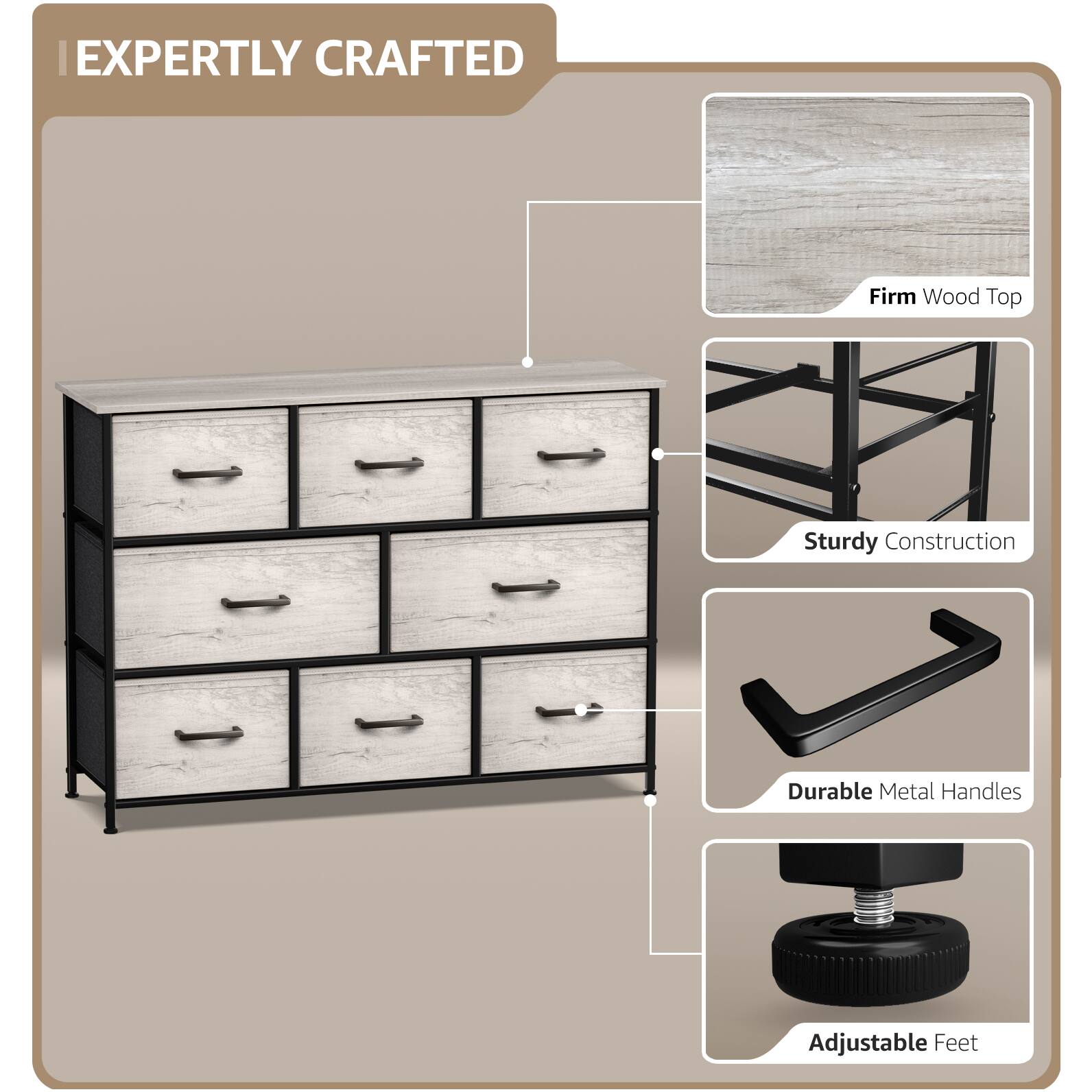 EXPERTLY CRAFTED

- Firm Wood Top
- Sturdy Construction
- Durable Metal Handles
- Adjustable Feet