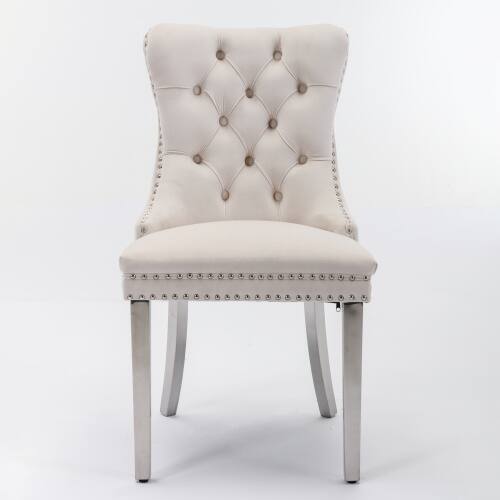 Left. LUCKY ONE - Assembled Tufted Velvet Dining Chair Set of 2 with Chrome Stainless Steel Legs Nailhead Trim - Beige.
