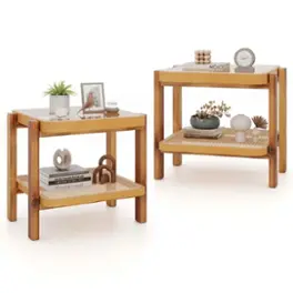 Costway - 2 PCS End Table with Tempered Glass Top Acacia Wood Legs Rattan Storage Shelf - Brown