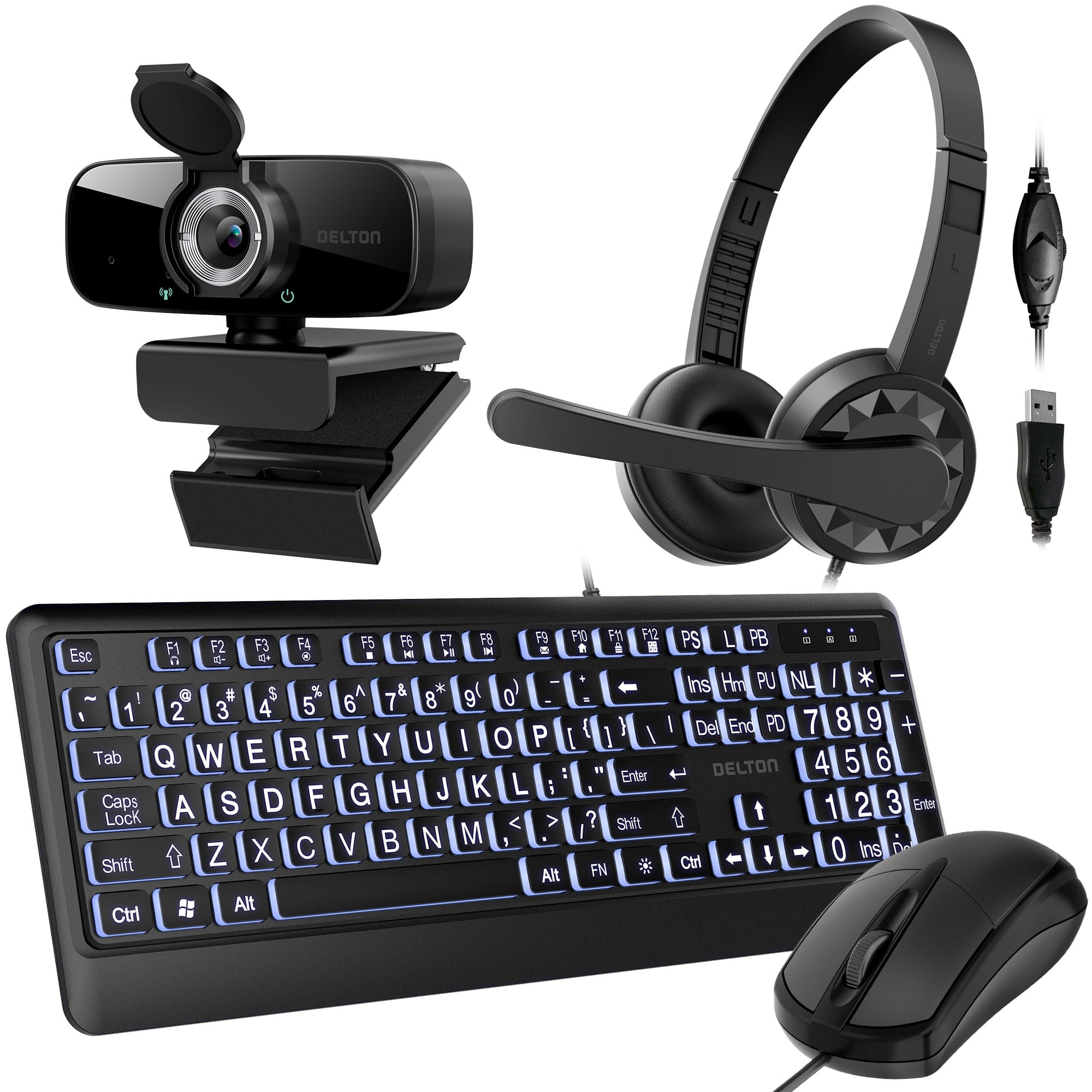 Delton - 12Y Office Bundle with Backlit Quiet Keyboard Laptop Mouse Noise Canceling USB Headset and HD 1080p Webcam - Black