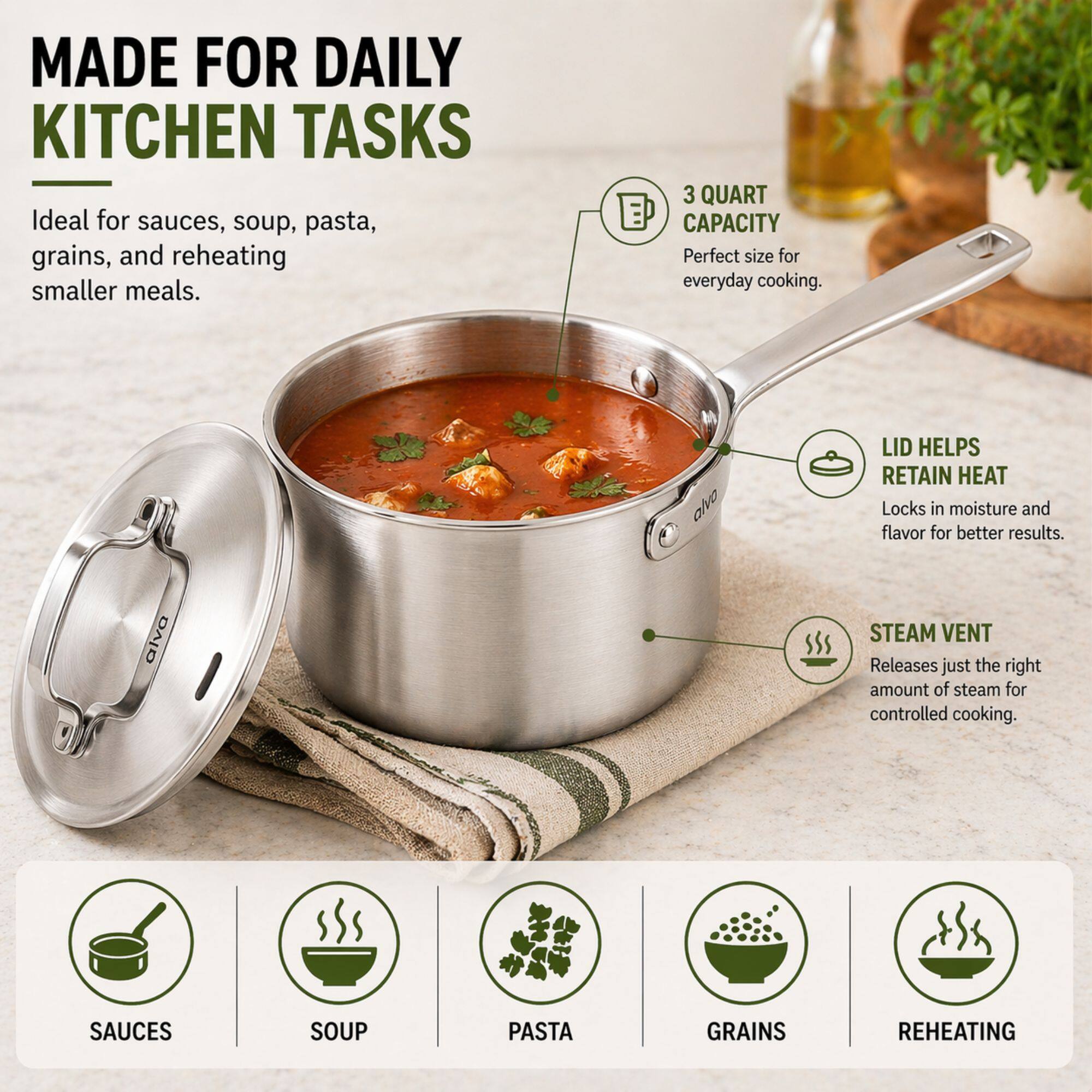 MADE FOR DAILY KITCHEN TASKS  
Ideal for sauces, soup, pasta, grains, and reheating smaller meals.  
3 QUART CAPACITY  
Perfect size for everyday cooking.  
LID HELPS RETAIN HEAT  
Locks in moisture and flavor for better results.  
STEAM VENT  
Releases just the right amount of steam for controlled cooking.  
SAUCES SOUP PASTA GRAINS REHEATING
