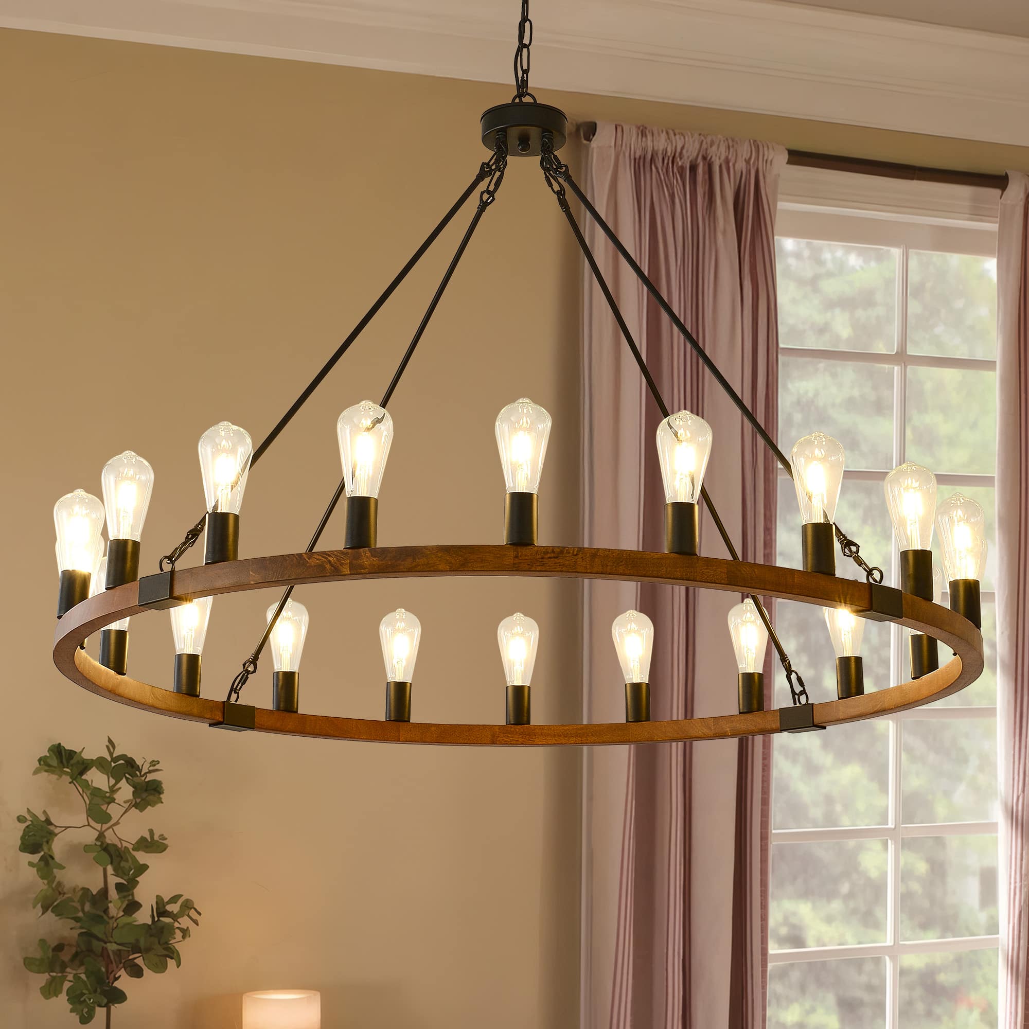 RYHNUYNE - 20 Lights Wooden Wagon Wheel Chandelier,47'' Rustic Light Fixtures, Farmhouse Round Chandelier for Living Dining Room - Brown