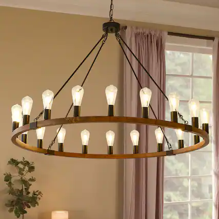 Front. RYHNUYNE - 20 Lights Wooden Wagon Wheel Chandelier,47'' Rustic Light Fixtures, Farmhouse Round Chandelier for Living Dining Room - Brown.