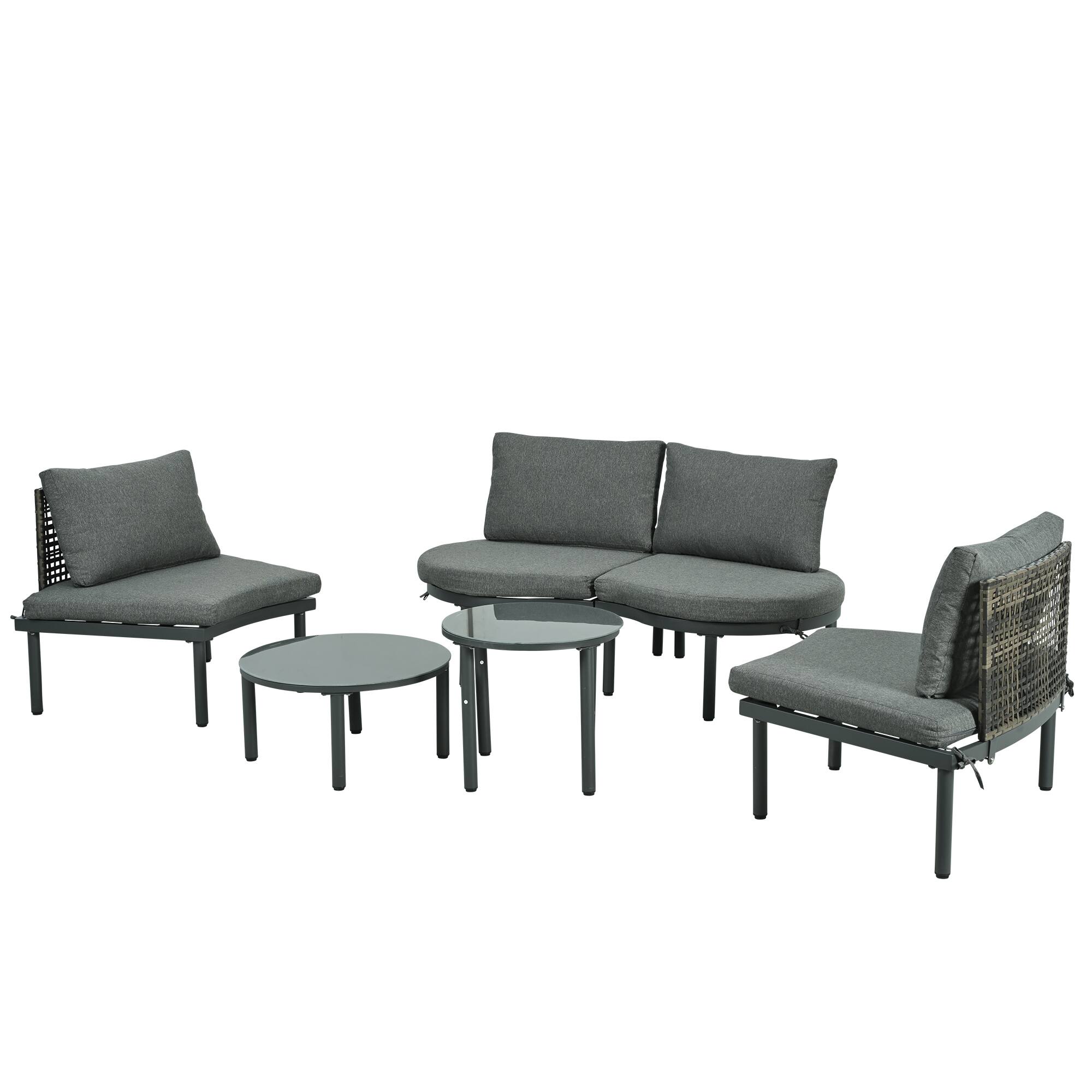 Alt View 6. Siljoy - 6-Piece Half Moon Wicker Patio Set, Gray, 2 Coffee Tables with Tempered Glass, Cushions & Pillows - Gray.