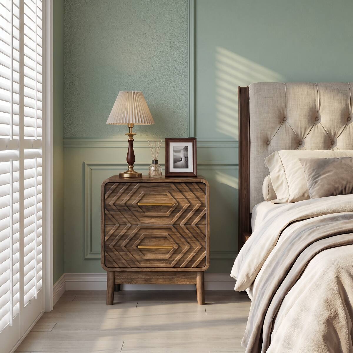 Alt View 3. Loheer - Loheer Walnut Bedside Table, Two Drawer Nightstand with Solid Wood Legs for Bedroom - Walnut.