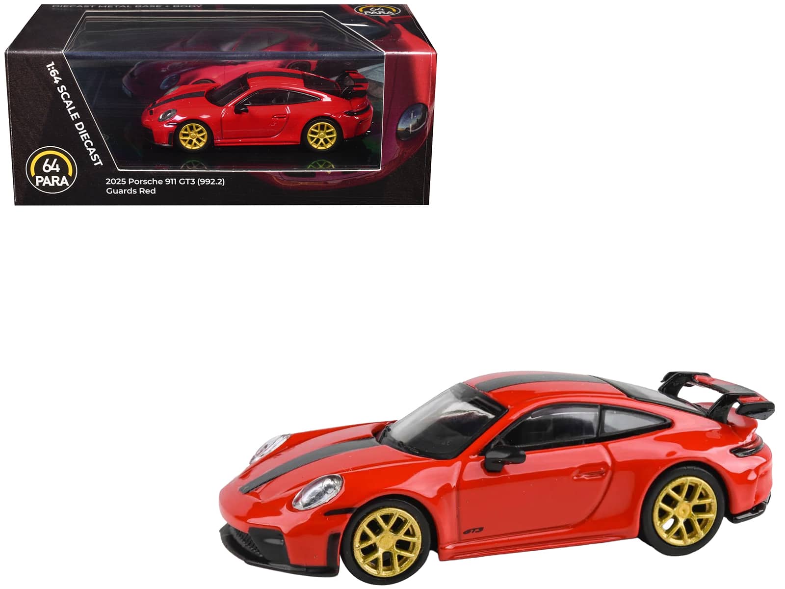 2025 Porsche 911 GT3 (992.2) Guards Red with Carbon Stripe and Gold Wheels 1/64 Diecast Model Car by Paragon price history on PriceWatchPro