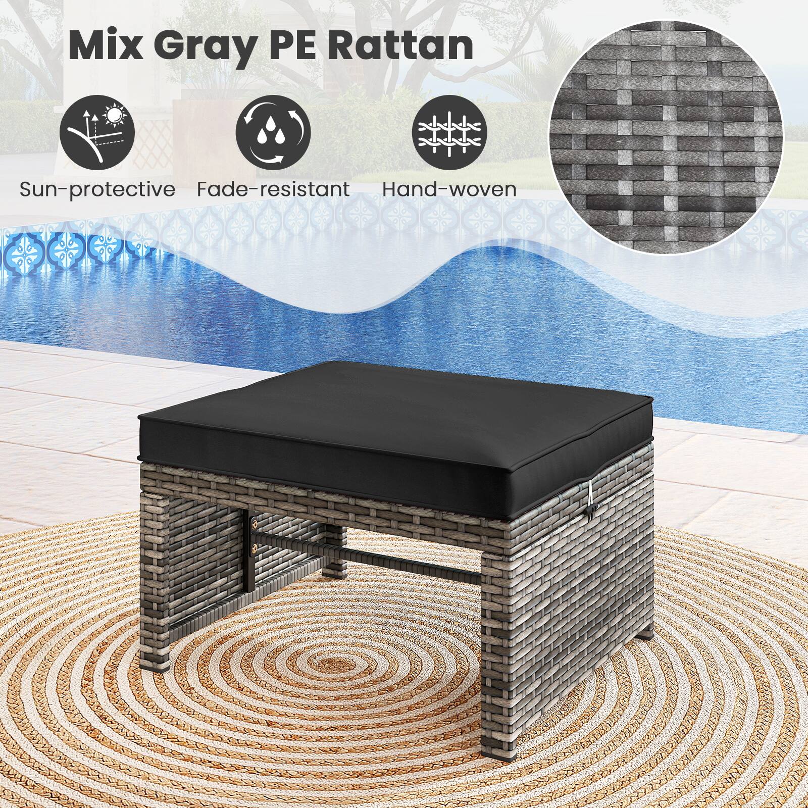 Mix Gray PE Rattan

Sun-protective  
Fade-resistant  
Hand-woven