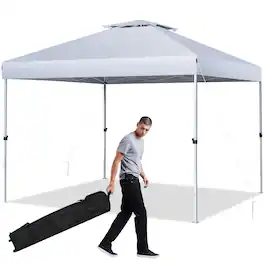 Gymax - 2-Tier 10' x 10' Pop-up Canopy Tent Instant Gazebo Adjustable Carry Bag w/ Wheel - White