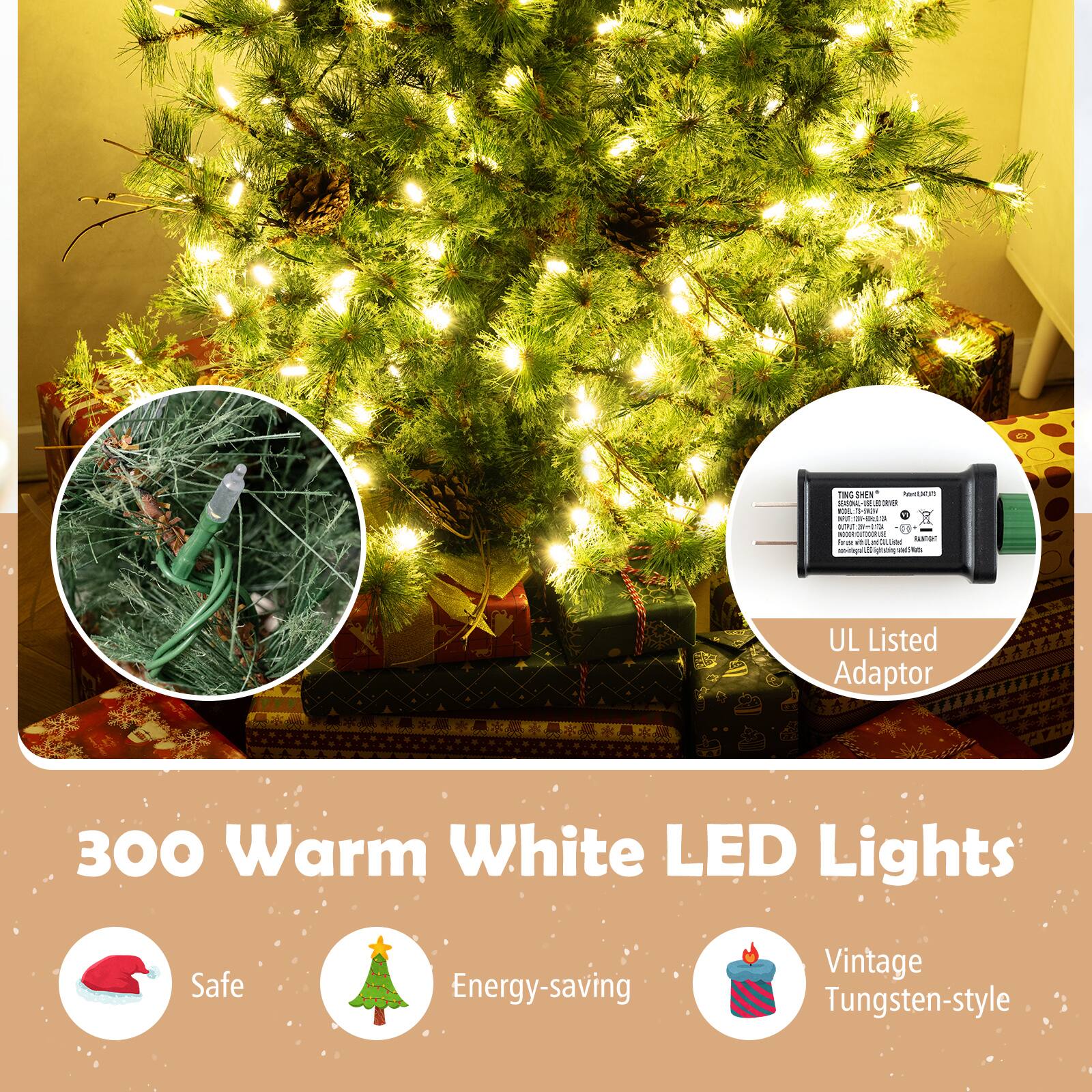 300 Warm White LED Lights

- Safe
- Energy-saving
- Vintage Tungsten-style

UL Listed Adaptor