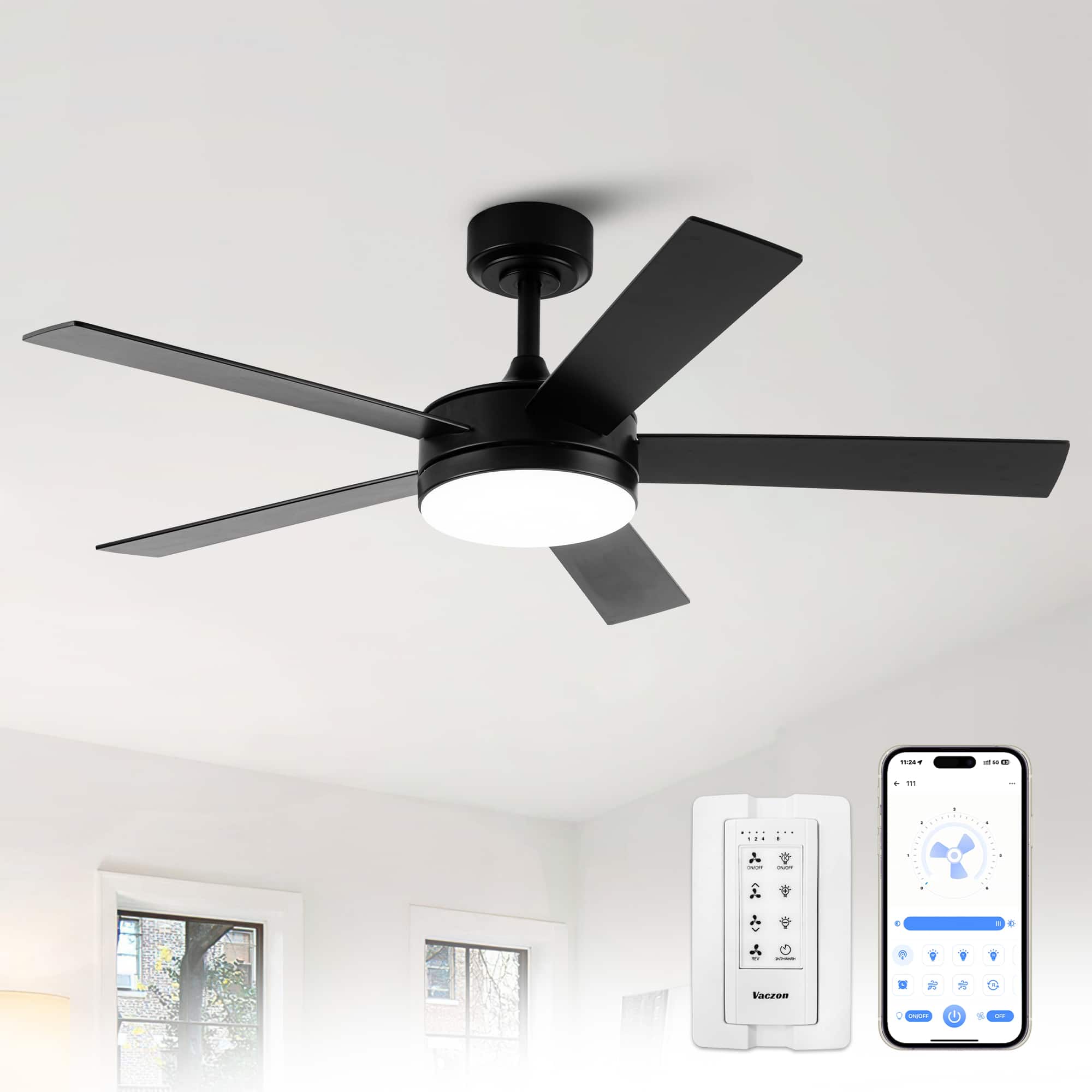 Photos - Fan Modern Vaczon -  48-inch 3CCT Dimmable LED Smart Ceiling  with Light and Remote and APP Control - Black 