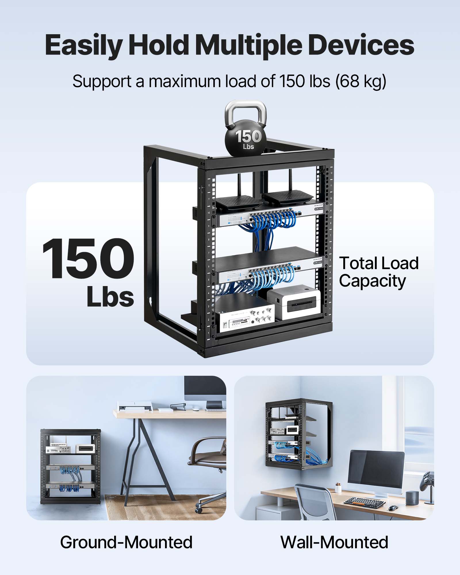 Easily Hold Multiple Devices  
Support a maximum load of 150 lbs (68 kg)  

150 Lbs  
Total Load Capacity  

Ground-Mounted  
Wall-Mounted