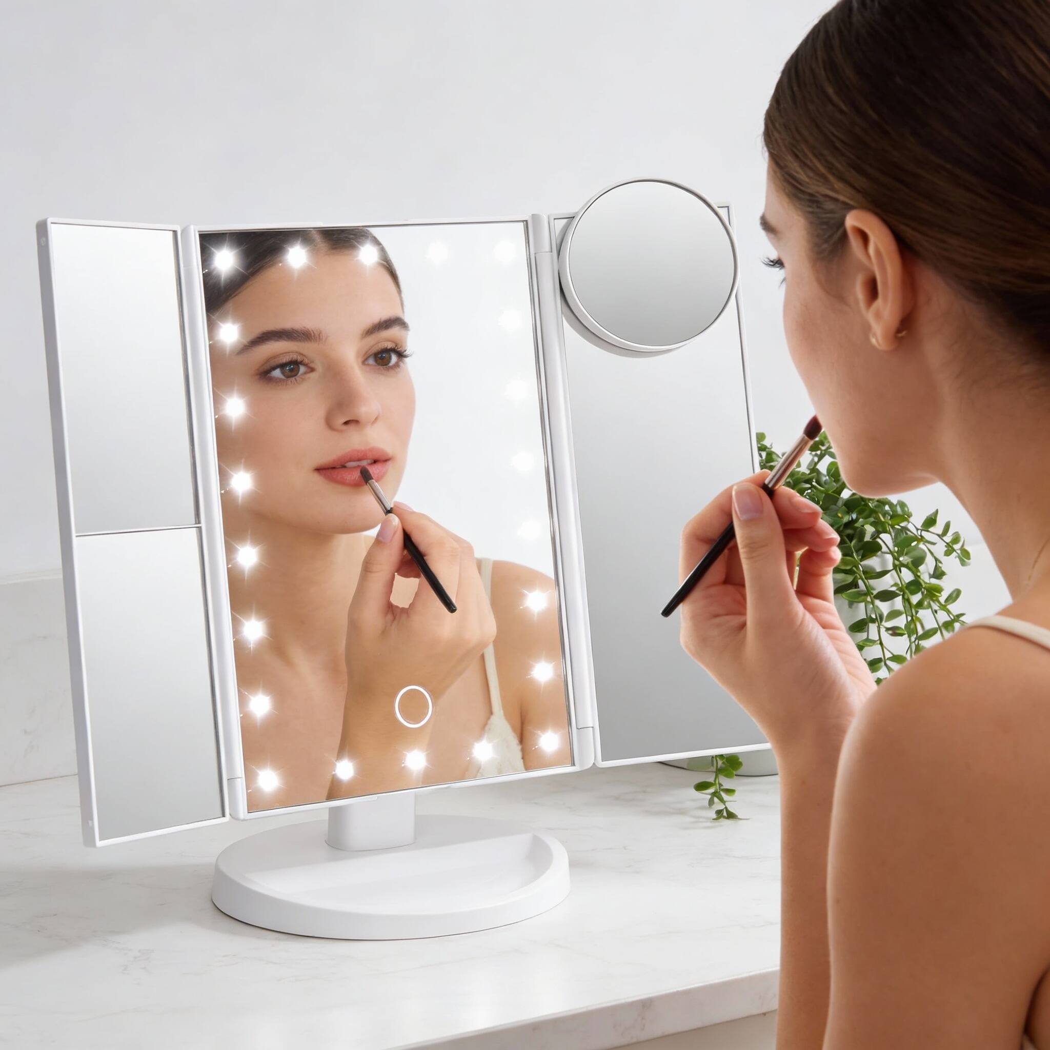 Alt View 1. PO3TICJUNKI3 - Trifold LED Makeup Mirror 1X/2X/3X/10X Magnifying Touch Dimmer USB/Battery - Default.