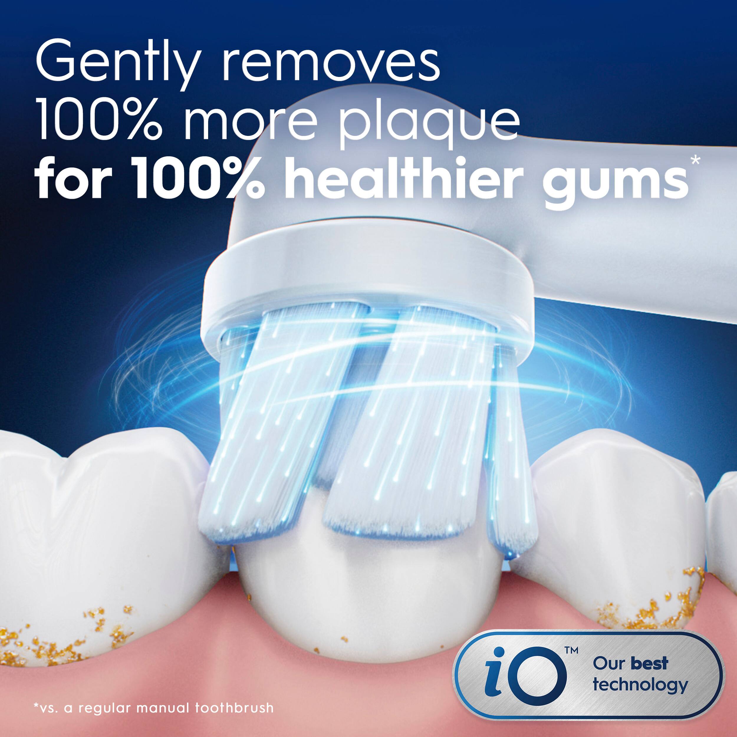 Gently removes 100% more plaque for 100% healthier gums vs. a regular manual toothbrush. Our best iO technology.