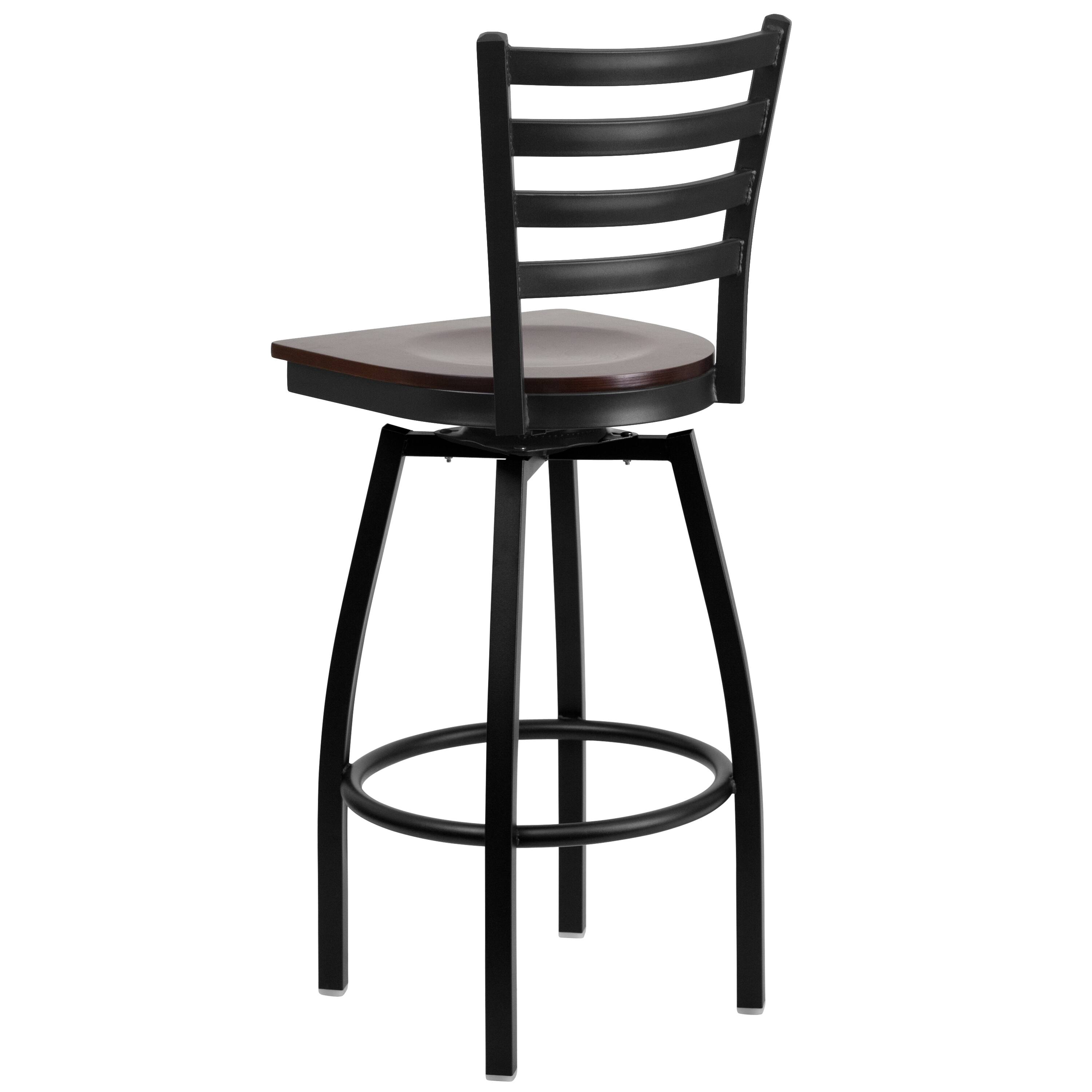 Alt View 4. Emma + Oliver - 2 Pack Ladder Back Swivel Metal Barstool - Walnut Wood Seat/Black Metal Frame.