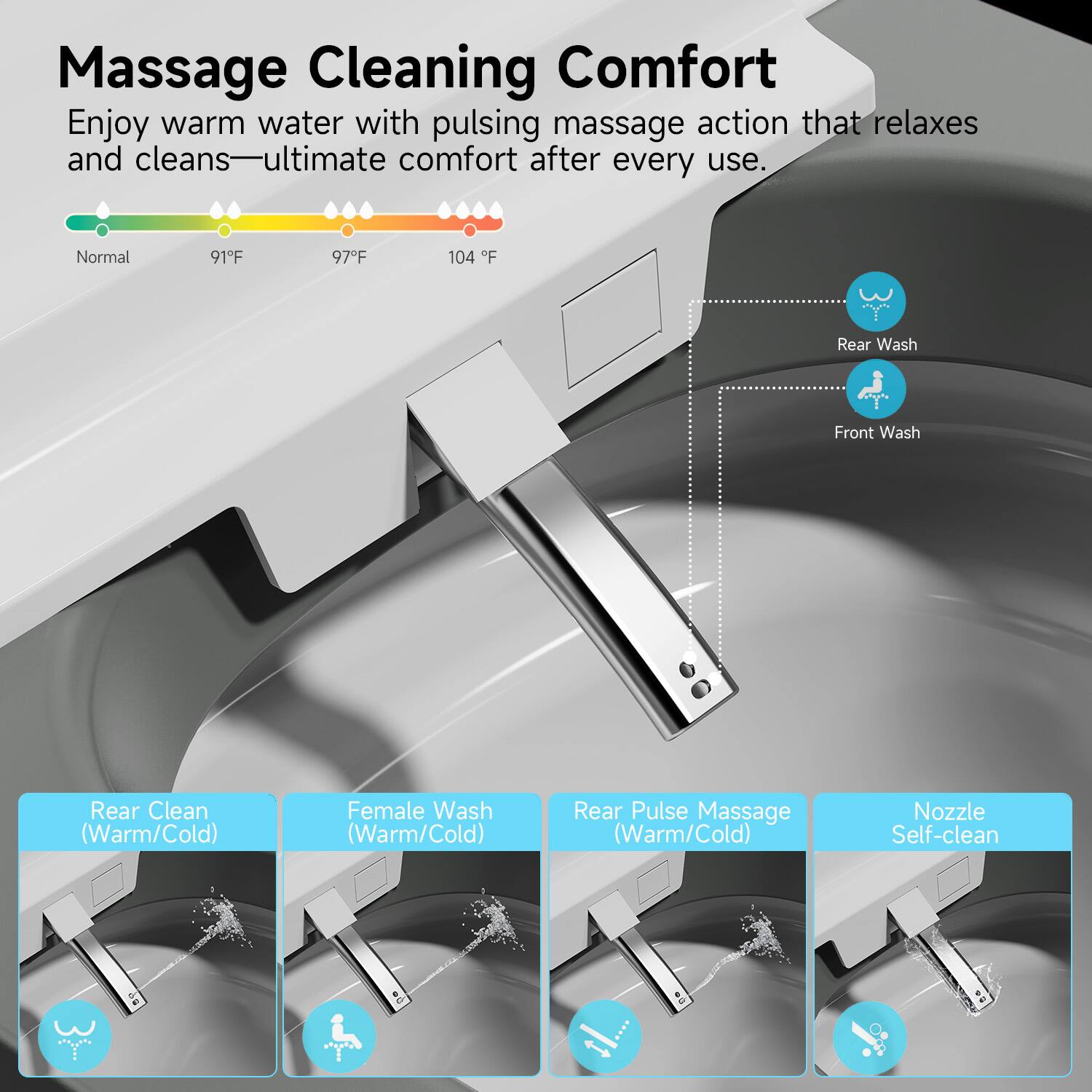 Massage Cleaning Comfort

Enjoy warm water with pulsing massage action that relaxes and cleans—ultimate comfort after every use.

- Normal
- 91°F
- 97°F
- 104°F

- Rear Wash
- Front Wash
- Rear Clean (Warm/Cold)
- Female Wash (Warm/Cold)
- Rear Pulse Massage (Warm/Cold)
- Nozzle Self-clean