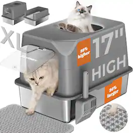Pawtners - XL Stainless Steel Enclosed Cat Litter Box with Front Entry, Top Exit, Removable Lid, Scoop & Odor Control - Dark Gray