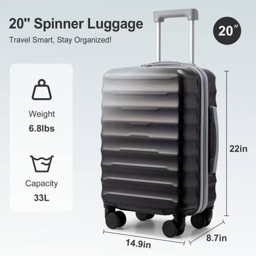 20" Spinner Luggage  
Travel Smart, Stay Organized!  

Weight: 6.8lbs  
Capacity: 33L  

Dimensions:  
- Height: 22in  
- Width: 14.9in  
- Depth: 8.7in