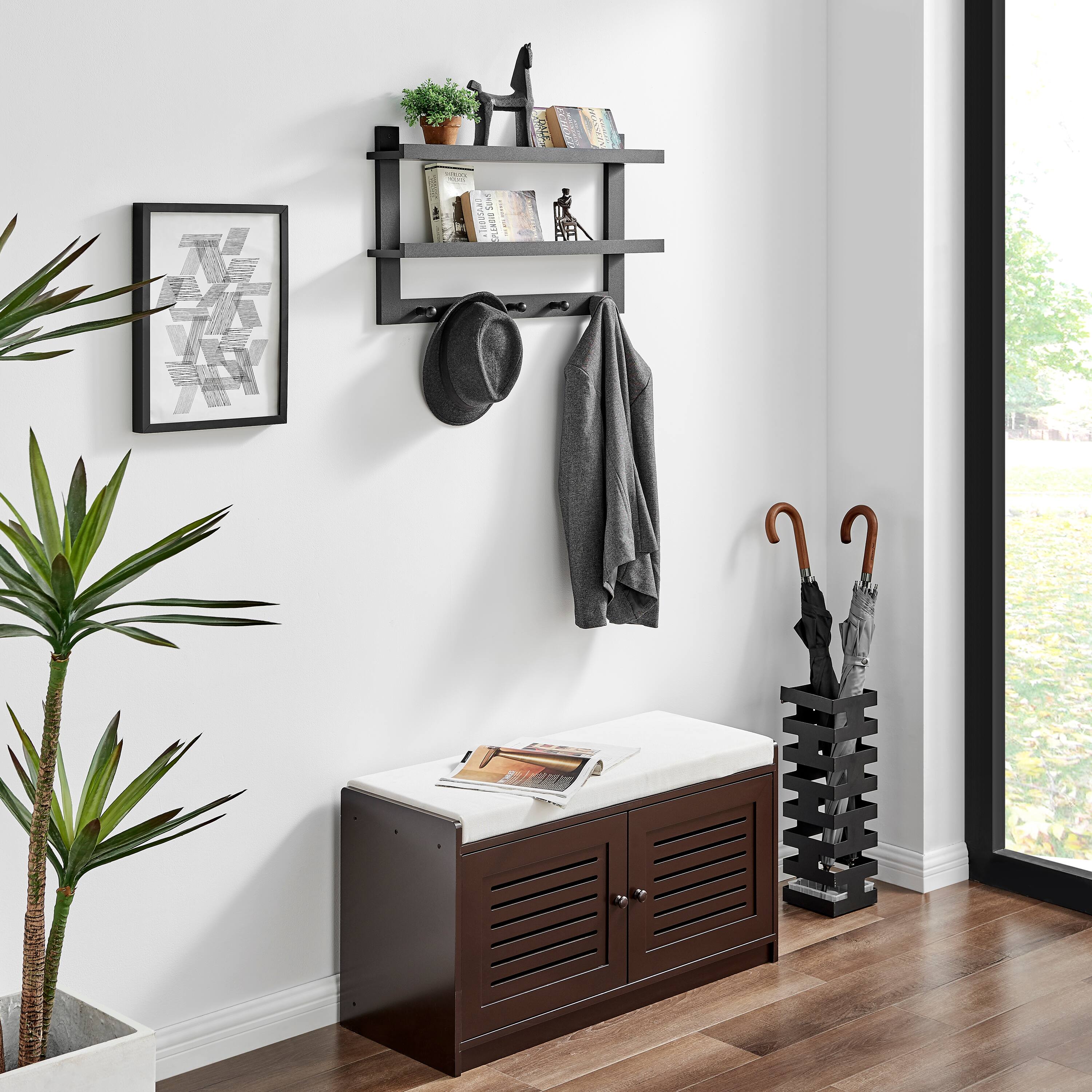 Back. Danya B - Two-Tier Ledge Shelf Wall Organizer with Five Hanging Hooks - Black - Black.
