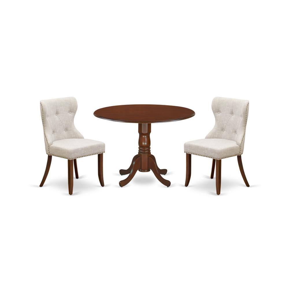 Left. East West Furniture - East-West Furniture DLSI3-MAH-35 - A dining room table set of two wonderful dining chairs using Linen Fabric Doeskin - Mahogany.