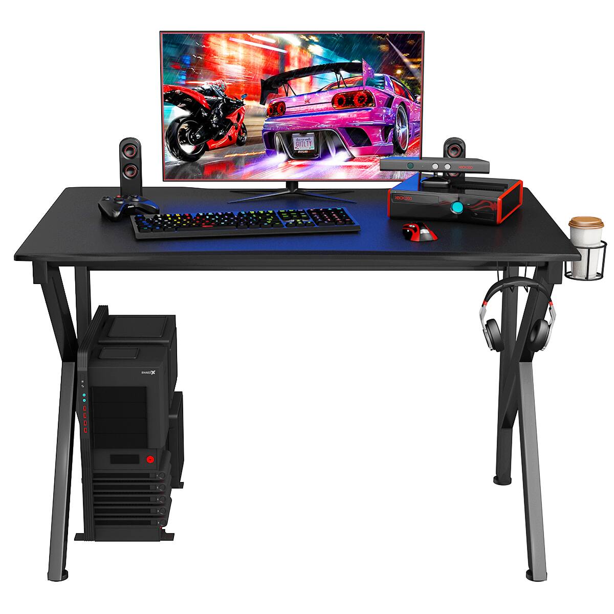 Costway - K-Shaped Gaming Desk with Cup Holder - Black