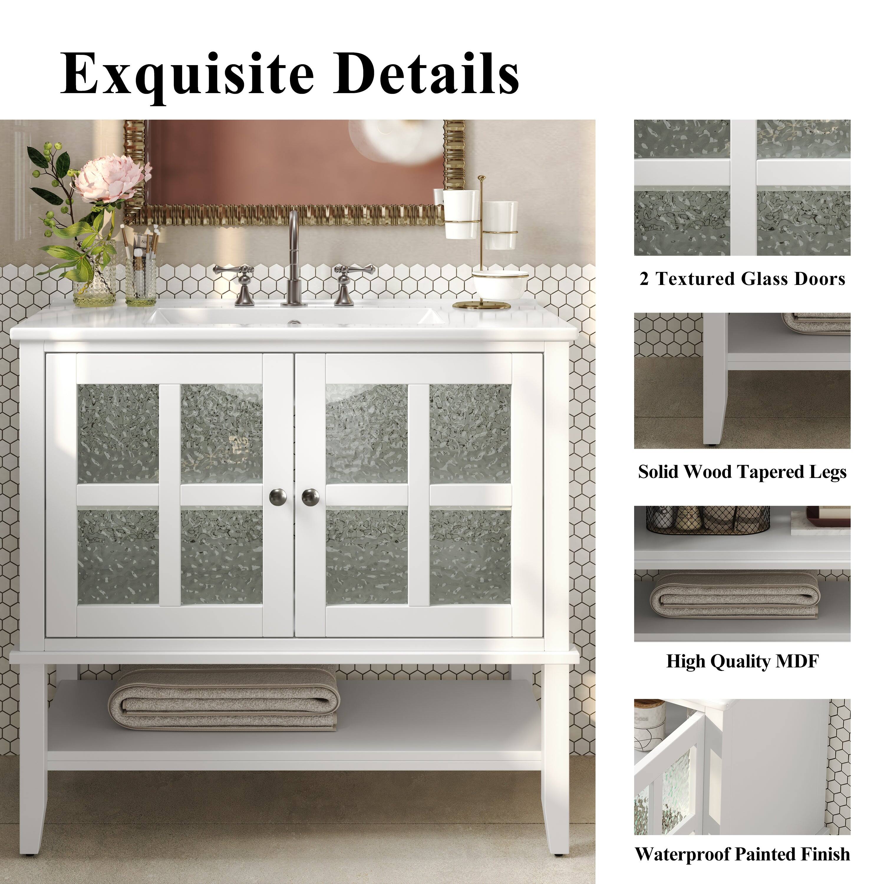 Exquisite Details

2 Textured Glass Doors

Solid Wood Tapered Legs

High Quality MDF

Waterproof Painted Finish