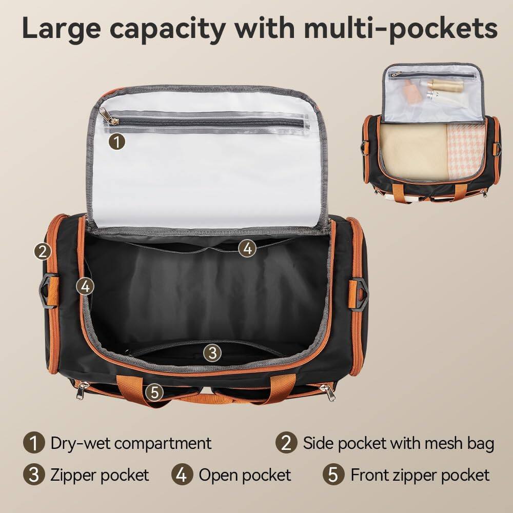 Large capacity with multi-pockets

1. Dry-wet compartment
2. Side pocket with mesh bag
3. Zipper pocket
4. Open pocket
5. Front zipper pocket