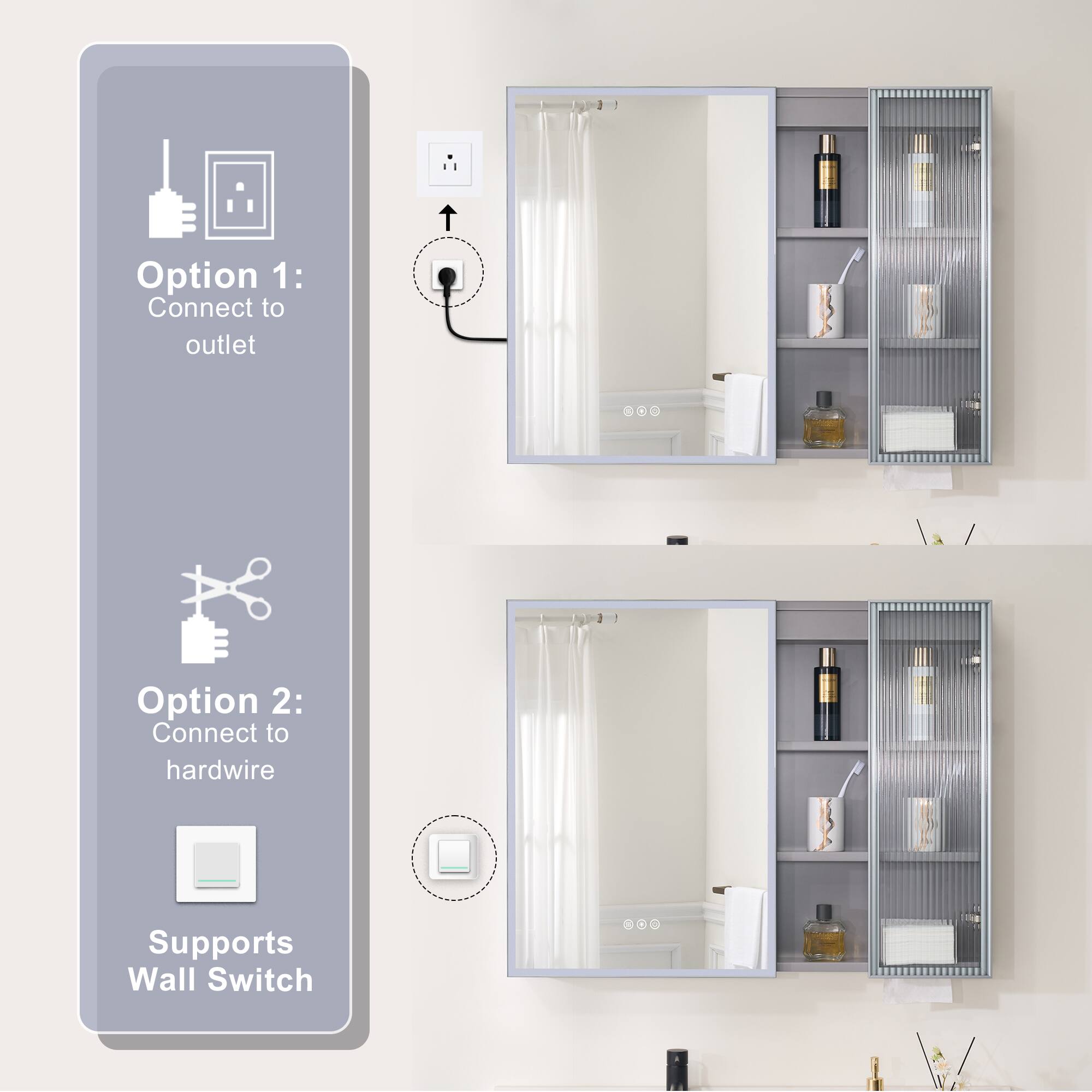 Option 1: Connect to outlet  
Option 2: Connect to hardwire  
Supports Wall Switch