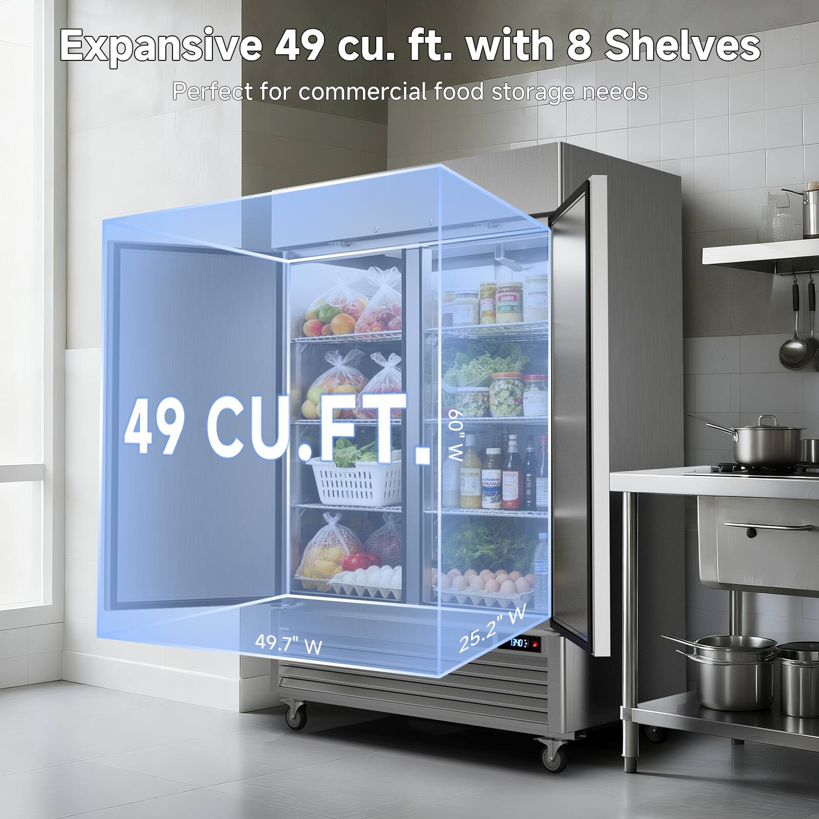 Expansive 49 cu. ft. with 8 Shelves  
Perfect for commercial food storage needs  

49 CU.FT.  
60" W  
49.7" W  
25.2"W