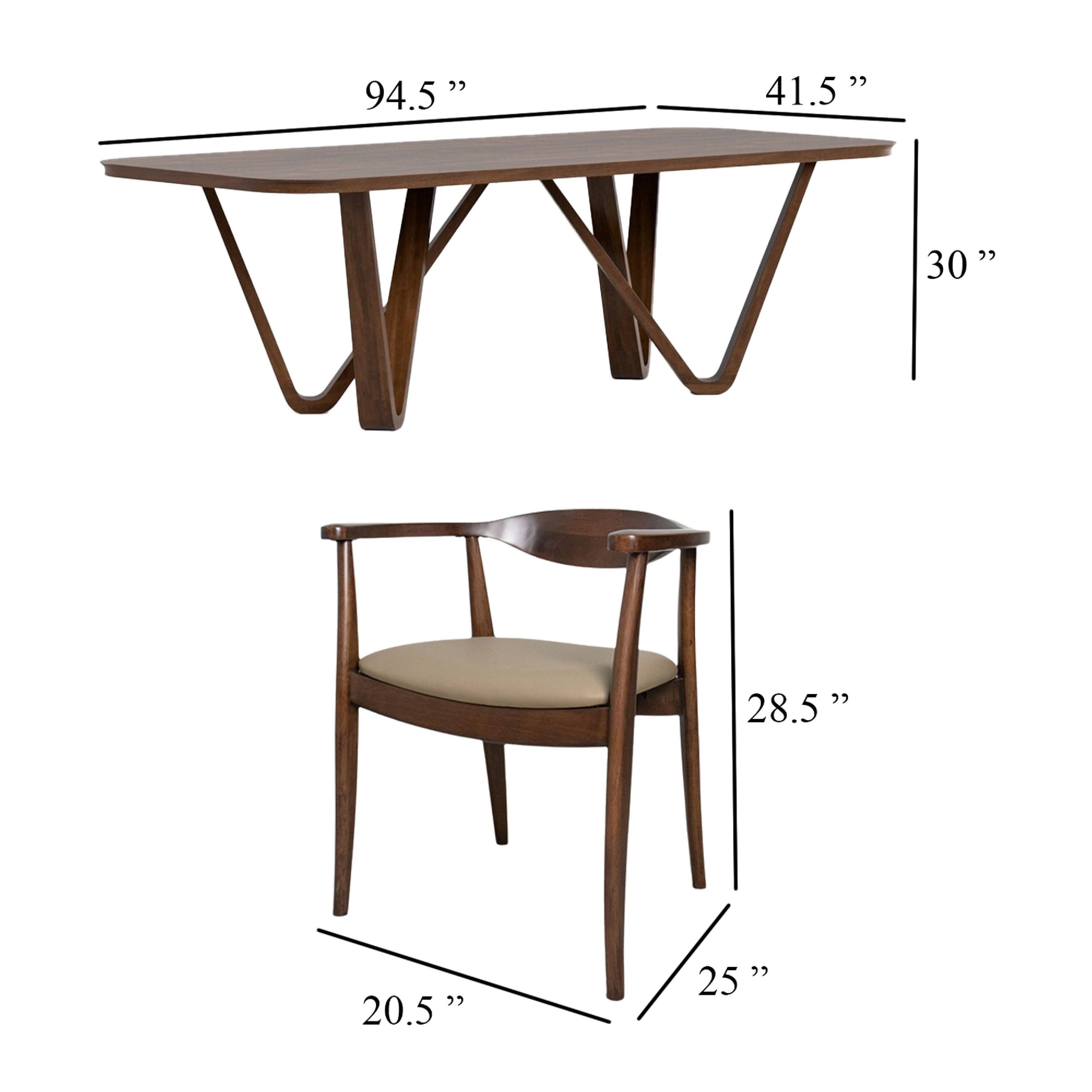 - Table:
  - Length: 94.5"
  - Width: 41.5"
  - Height: 30"

- Chair:
  - Seat Height: 28.5"
  - Seat Depth: 20.5"
  - Overall Height: 25"