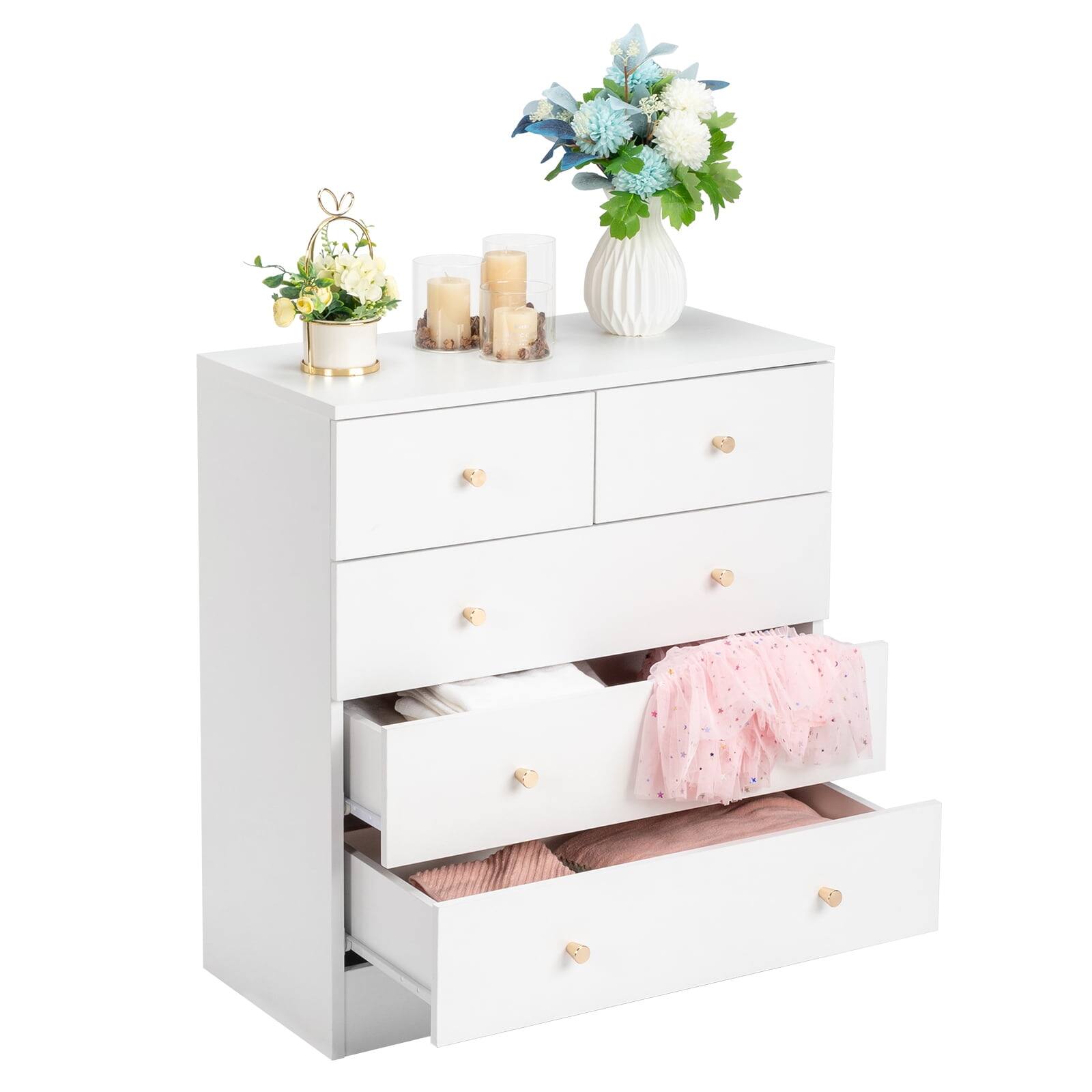 Back. Kadyn - 5 Drawer Dresser with Gold Handle, Nursery Dresser Chest Of Drawers Organizer - White.