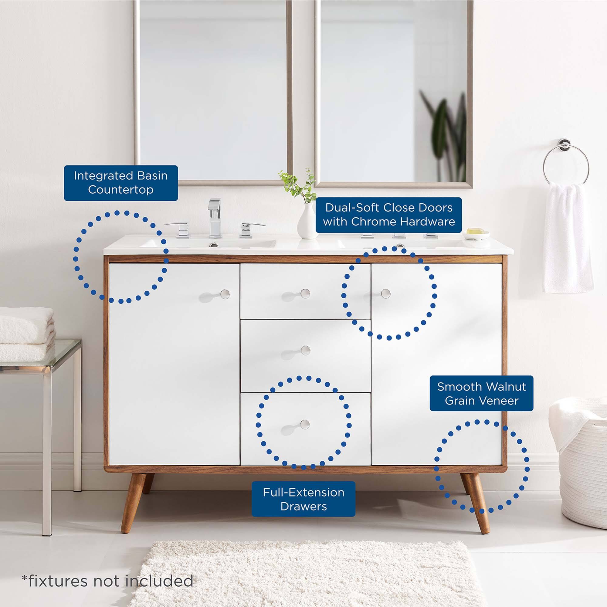 Integrated Basin Countertop  
Dual-Soft Close Doors with Chrome Hardware  
Smooth Walnut Grain Veneer  
Full-Extension Drawers  
*fixtures not included